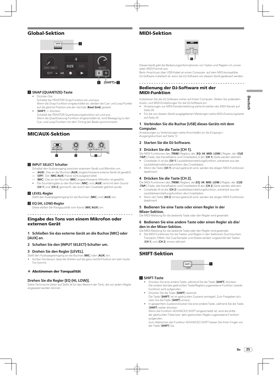 Global-sektion, Mic/aux-sektion, Midi-sektion | Shift-sektion, Bedienung der dj-software mit der midi-funktion | Pioneer DJM-T1 User Manual | Page 89 / 100