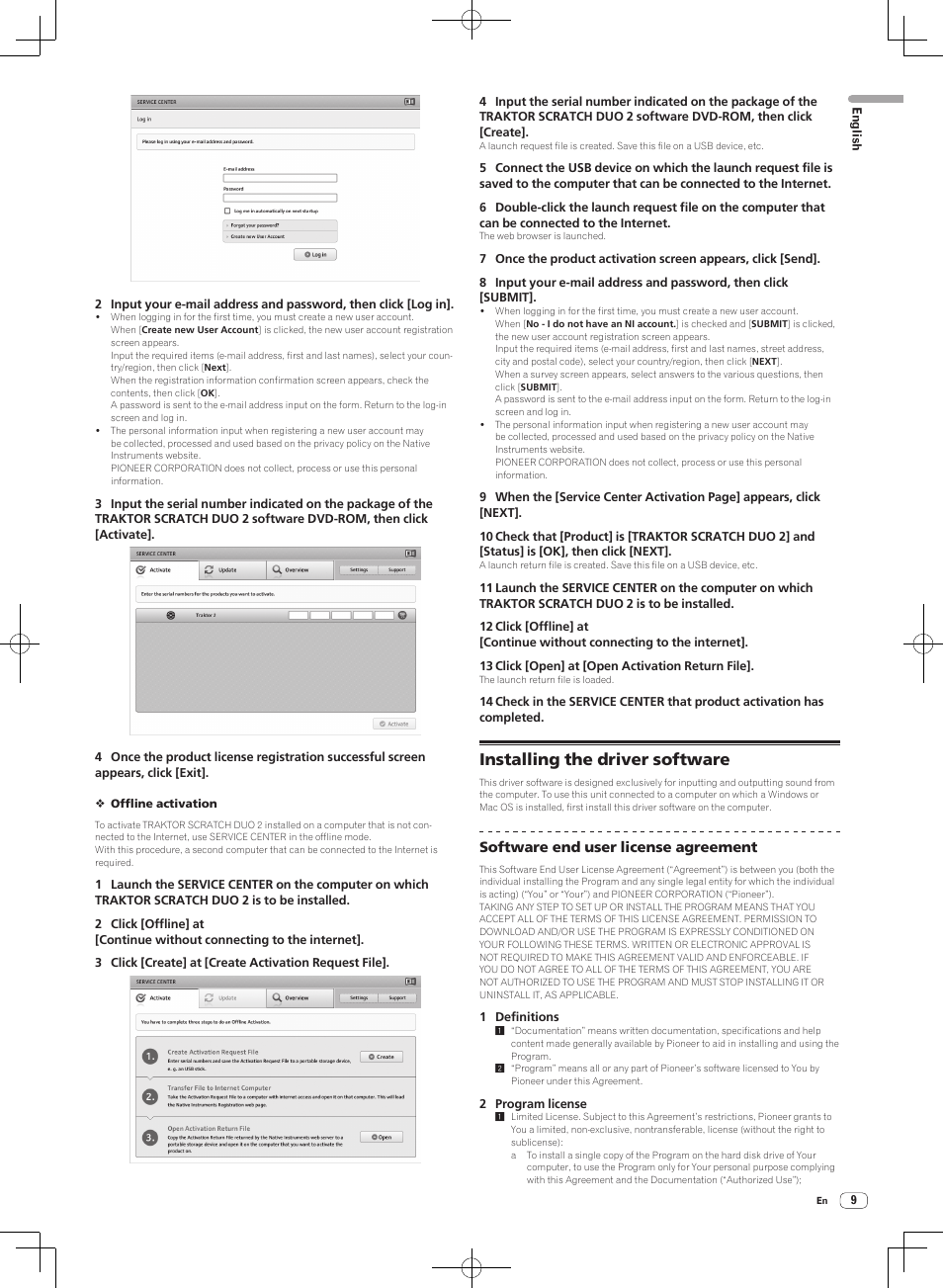 Installing the driver software, Software end user license agreement | Pioneer DJM-T1 User Manual | Page 9 / 100