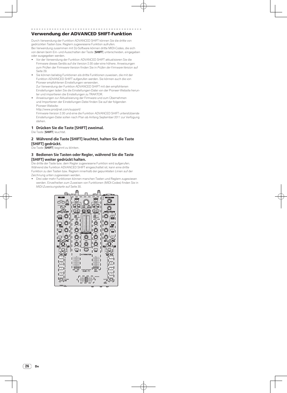 Verwendung der advanced shift-funktion, Push, 1 drücken sie die taste [shift] zweimal | Die taste [ shift ] leuchtet, Die taste [ shift ] beginnt zu blinken | Pioneer DJM-T1 User Manual | Page 90 / 100