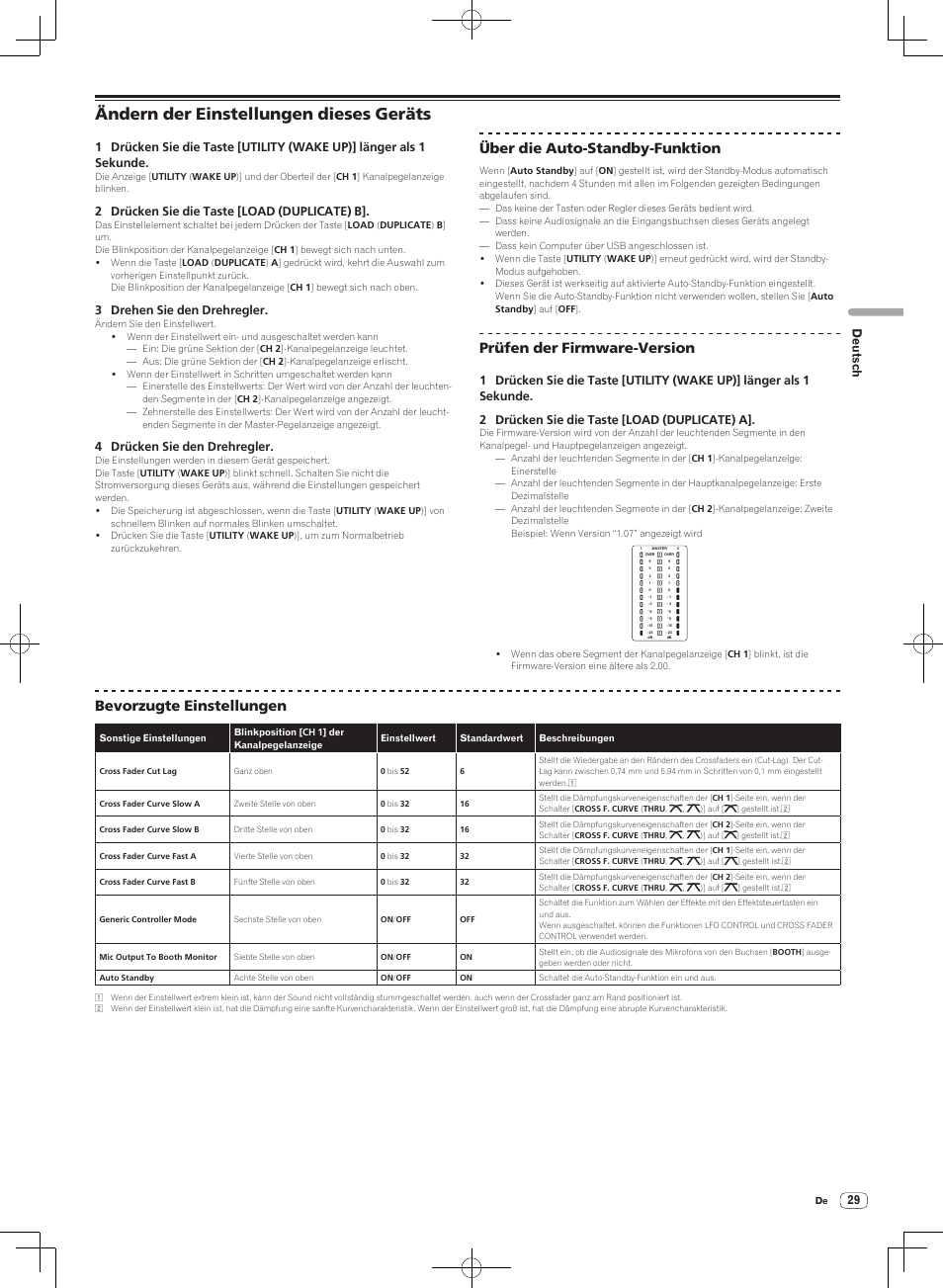 Ändern der einstellungen dieses geräts, Über die auto-standby-funktion, Prüfen der firmware-version | Bevorzugte einstellungen, Deutsch, 2 drücken sie die taste [load (duplicate) b, 3 drehen sie den drehregler, 4 drücken sie den drehregler | Pioneer DJM-T1 User Manual | Page 93 / 100