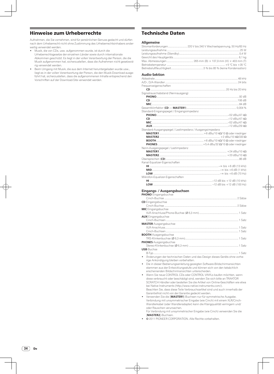 Hinweise zum urheberrechte technische daten, Hinweise zum urheberrechte, Technische daten | Pioneer DJM-T1 User Manual | Page 98 / 100