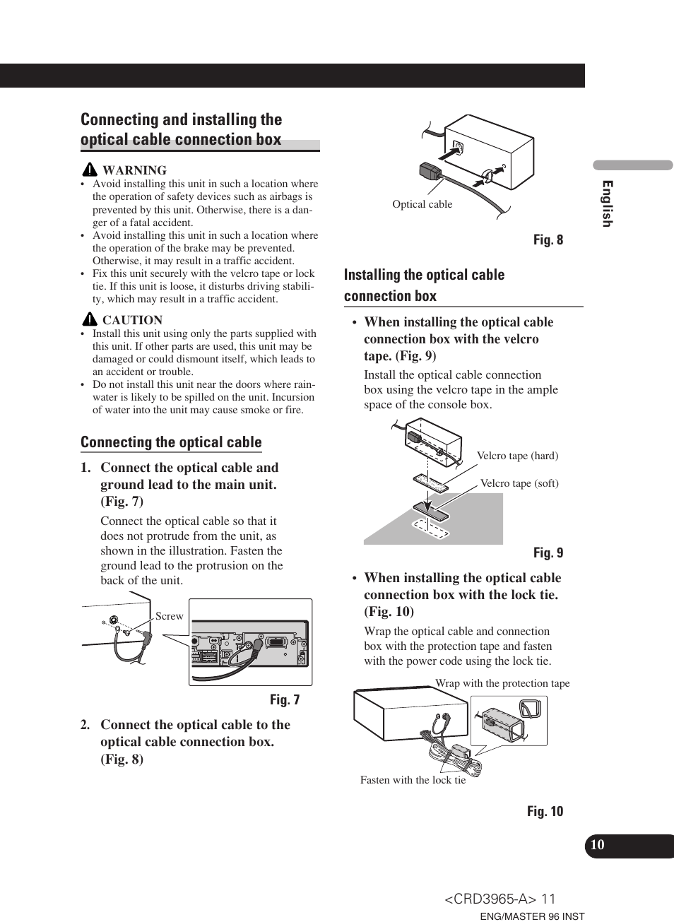 Connecting and installing the, Optical cable connection box, Connecting the optical cable | Installing the optical cable connection box | Pioneer AVH-P5700DVD User Manual | Page 11 / 86