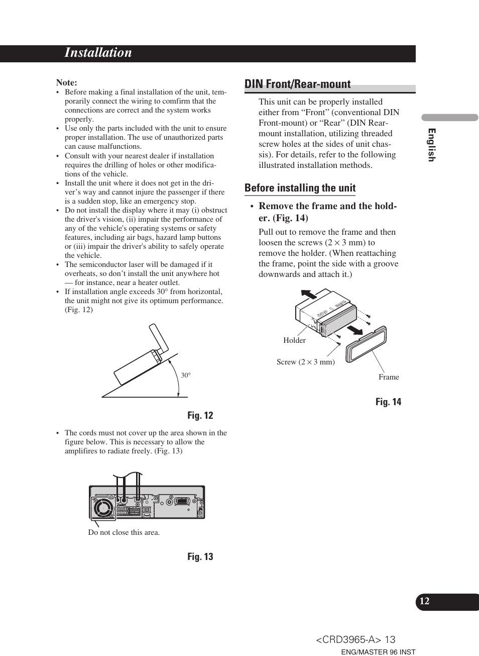 Installation, Din front/rear-mount, Before installing the unit | Pioneer AVH-P5700DVD User Manual | Page 13 / 86