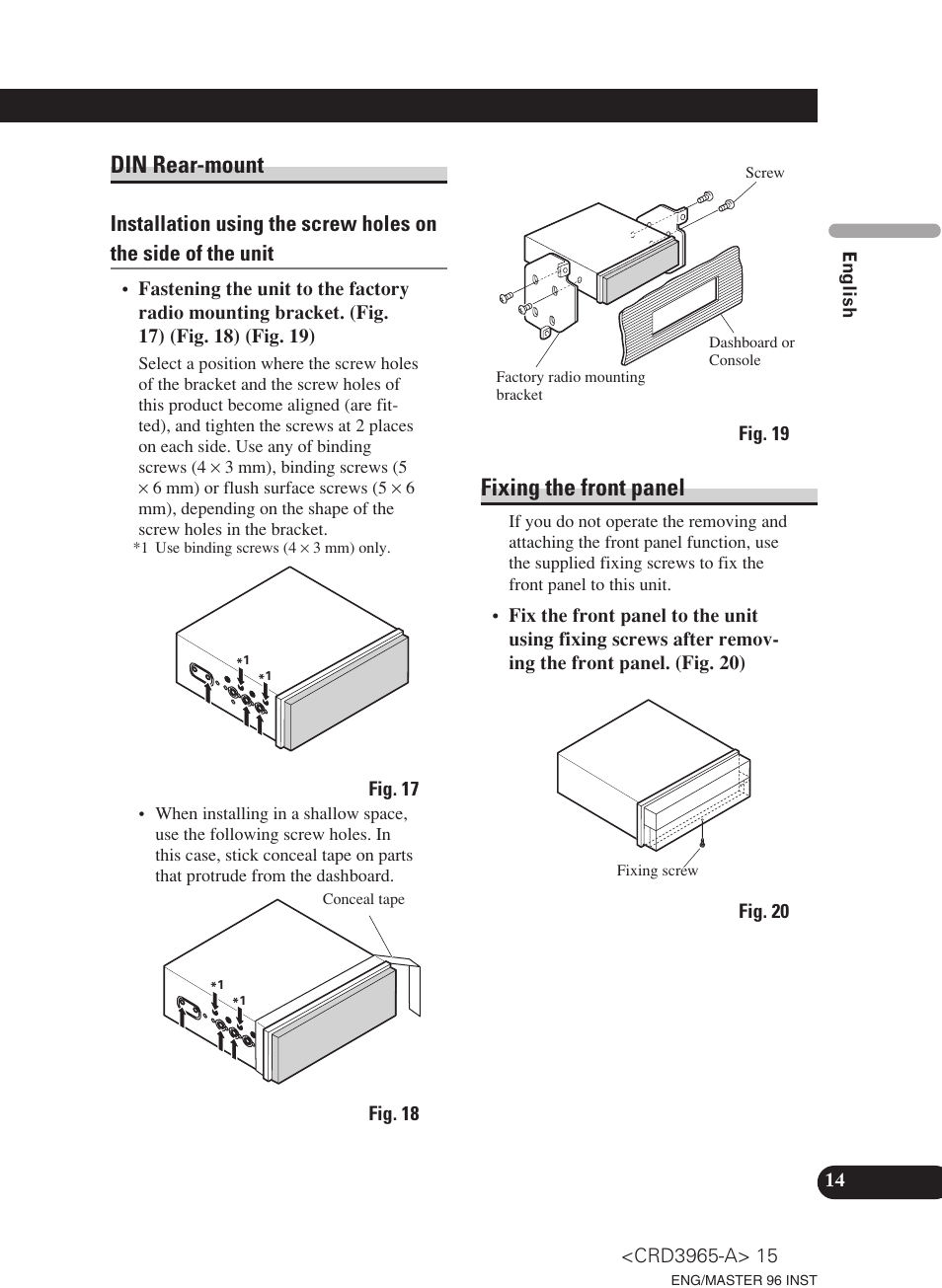 Din rear-mount fixing the front panel, Din rear-mount, Fixing the front panel | Pioneer AVH-P5700DVD User Manual | Page 15 / 86