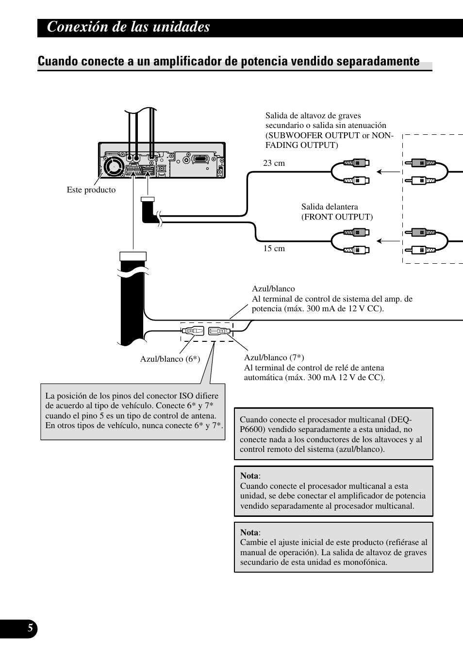 Cuando conecte a un amplificador de, Potencia vendido separadamente, Conexión de las unidades | Pioneer AVH-P5700DVD User Manual | Page 20 / 86