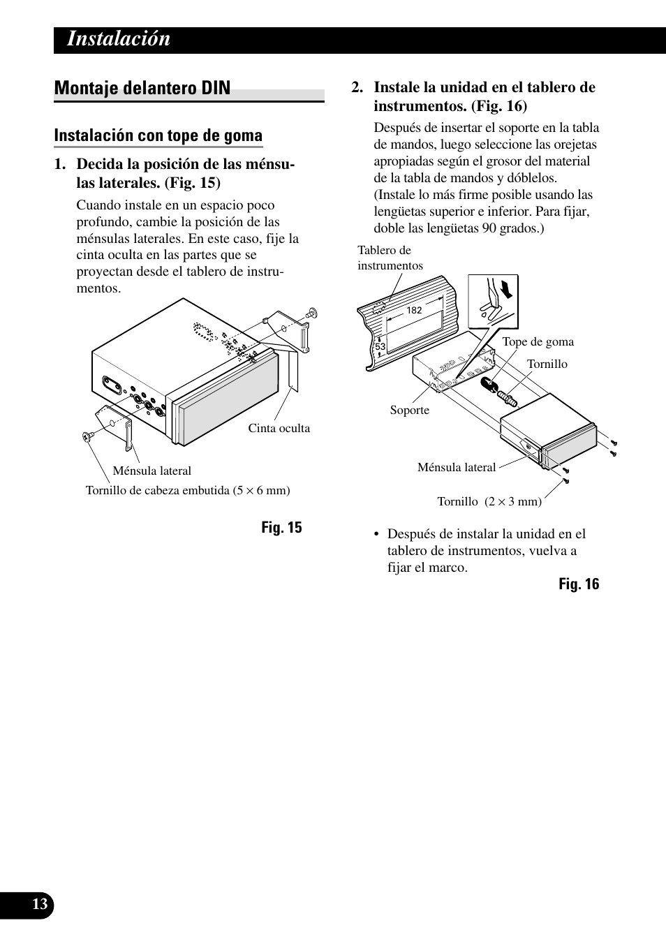 Montaje delantero din, Instalación, Instalación con tope de goma | Pioneer AVH-P5700DVD User Manual | Page 28 / 86