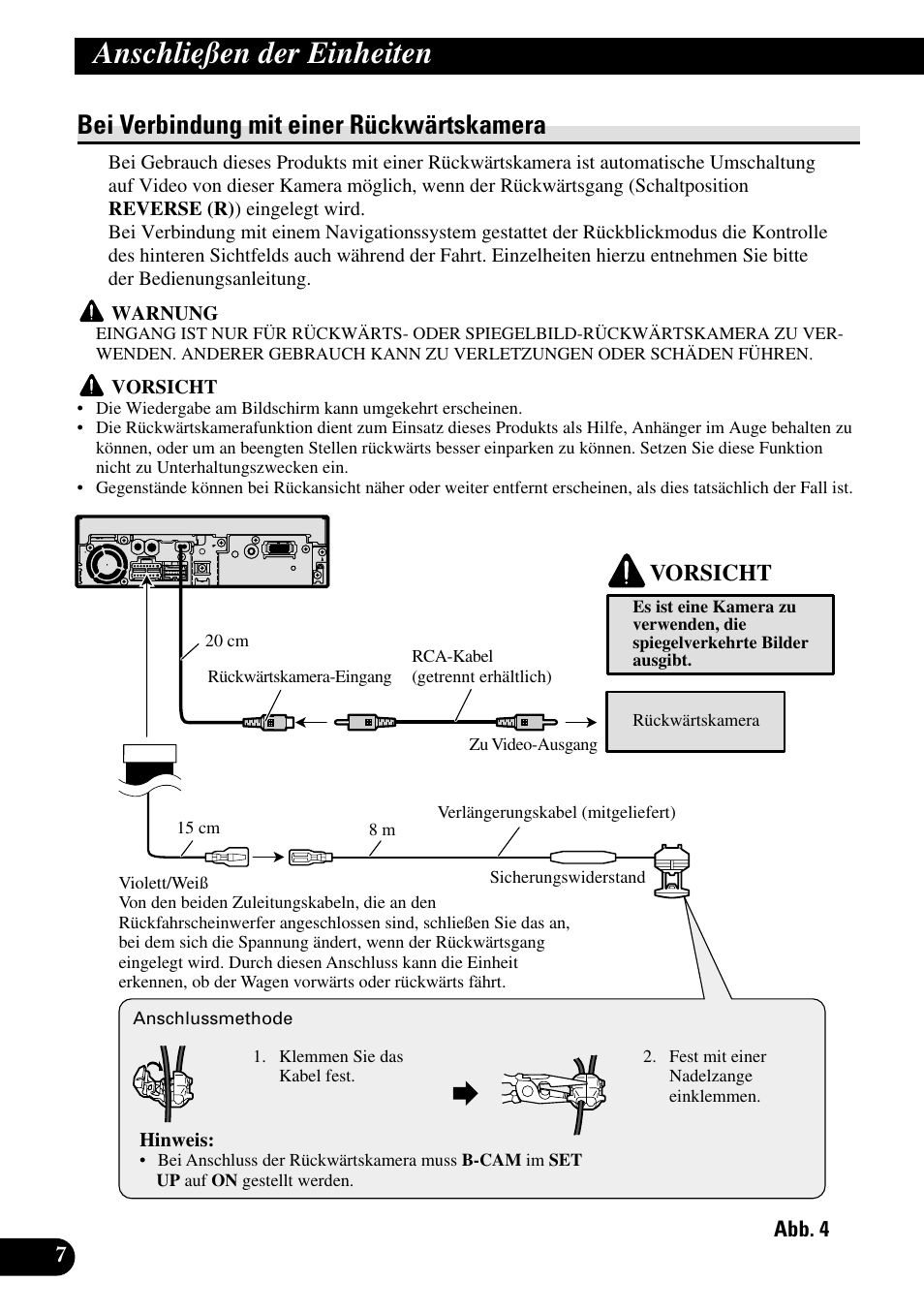 Bei verbindung mit einer rückwärtskamera, Anschließen der einheiten, Vorsicht | Pioneer AVH-P5700DVD User Manual | Page 36 / 86