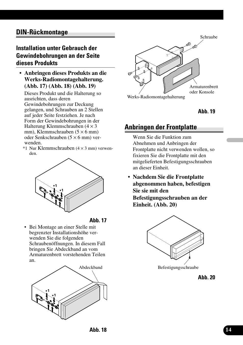 Din-rückmontage anbringen der frontplatte, Din-rückmontage, Anbringen der frontplatte | Pioneer AVH-P5700DVD User Manual | Page 43 / 86