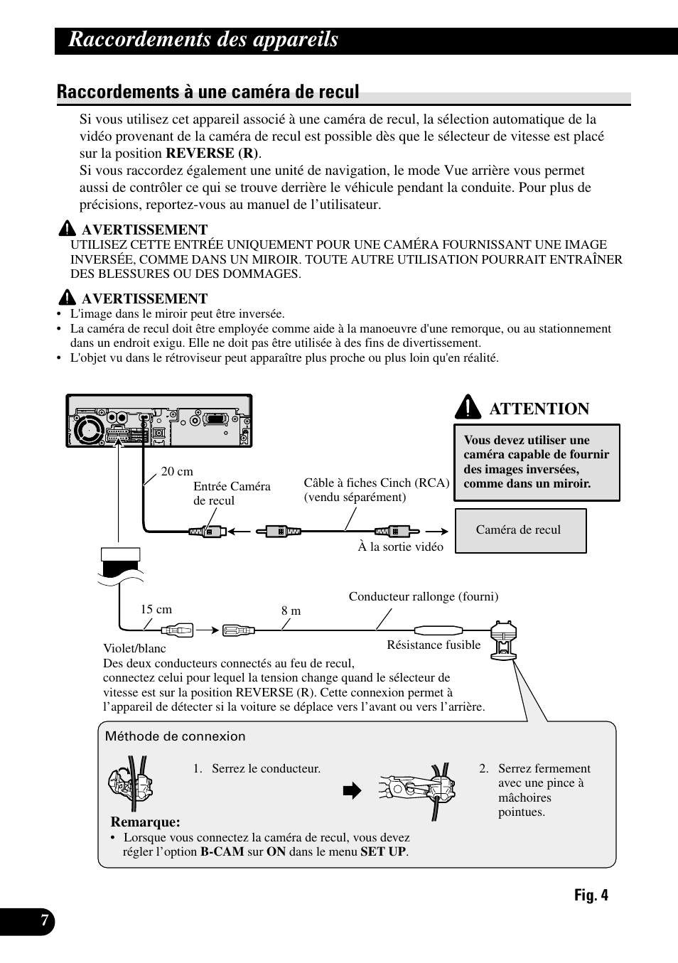 Raccordements à une caméra de recul, Raccordements des appareils, Attention | Pioneer AVH-P5700DVD User Manual | Page 50 / 86