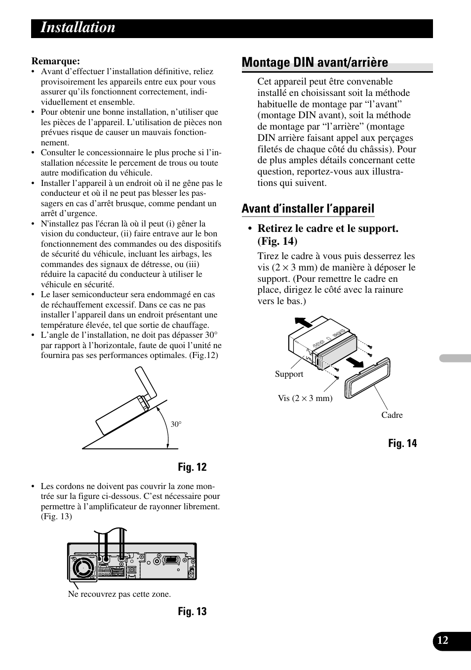 Installation, Montage din avant/arrière, Avant d’installer l’appareil | Pioneer AVH-P5700DVD User Manual | Page 55 / 86