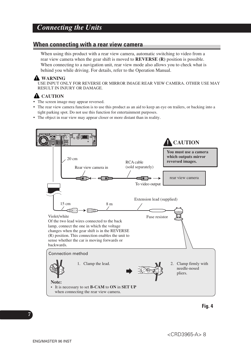 When connecting with a rear view camera, Connecting the units, Caution | Pioneer AVH-P5700DVD User Manual | Page 8 / 86