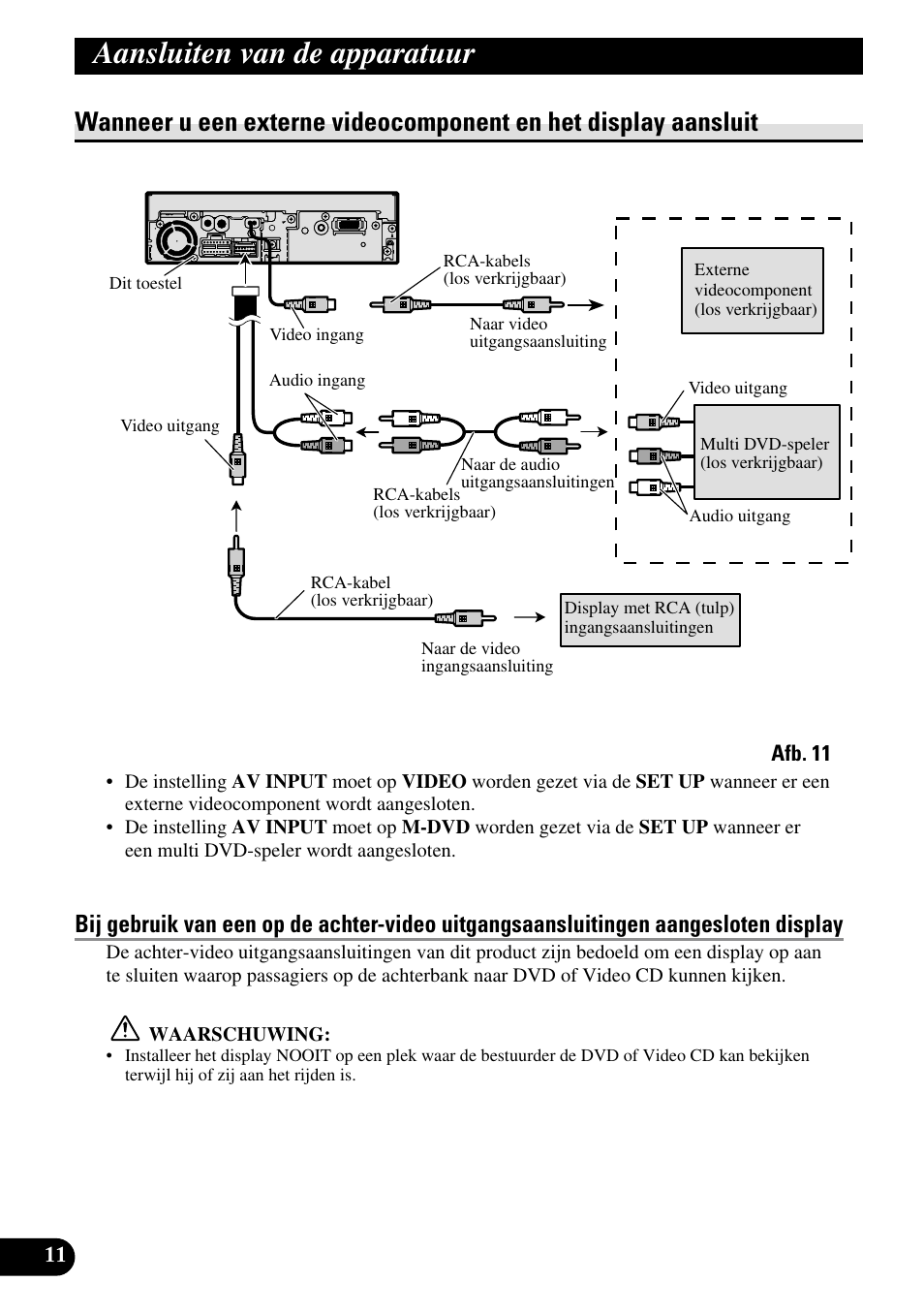 Wanneer u een externe videocomponent en, Het display aansluit, Aansluiten van de apparatuur | Pioneer AVH-P5700DVD User Manual | Page 82 / 86