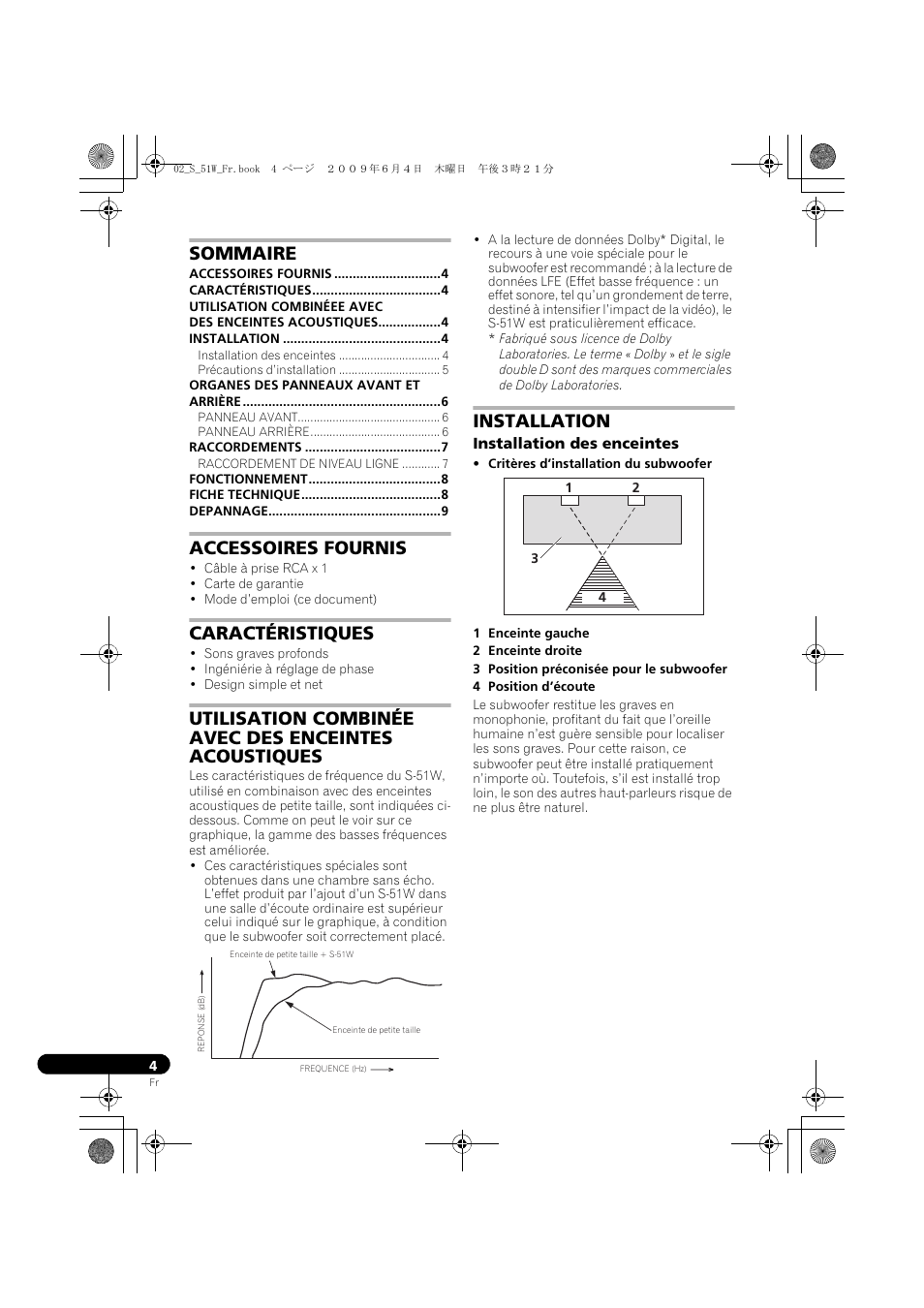 Enceinte active d’extremes graves, Mode d’emploi, Sommaire | Accessoires fournis, Caractéristiques, Installation | Pioneer S-51W User Manual | Page 12 / 98