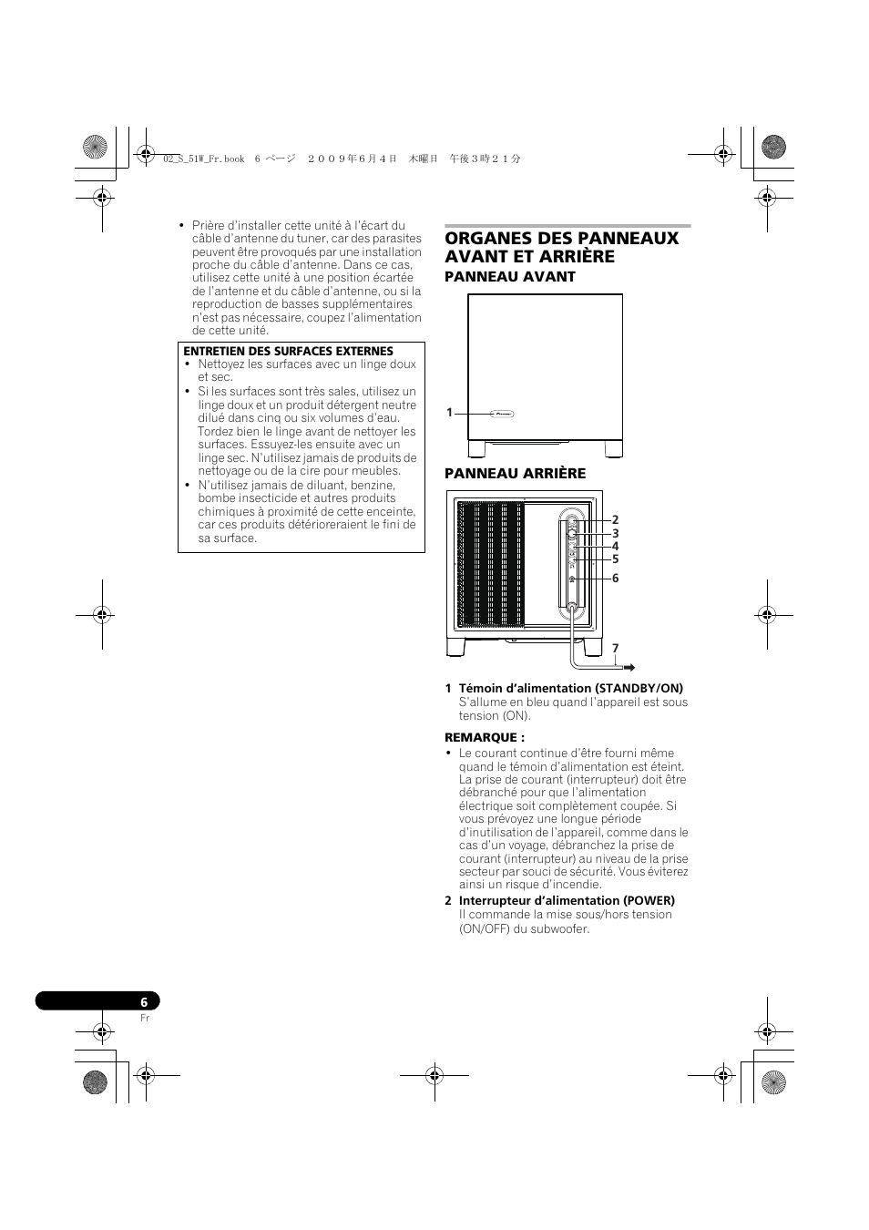 Organes des panneaux avant et arrière, Panneau avant panneau arrière | Pioneer S-51W User Manual | Page 14 / 98
