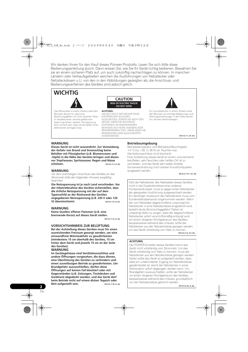 Wichtig, Caution | Pioneer S-51W User Manual | Page 18 / 98