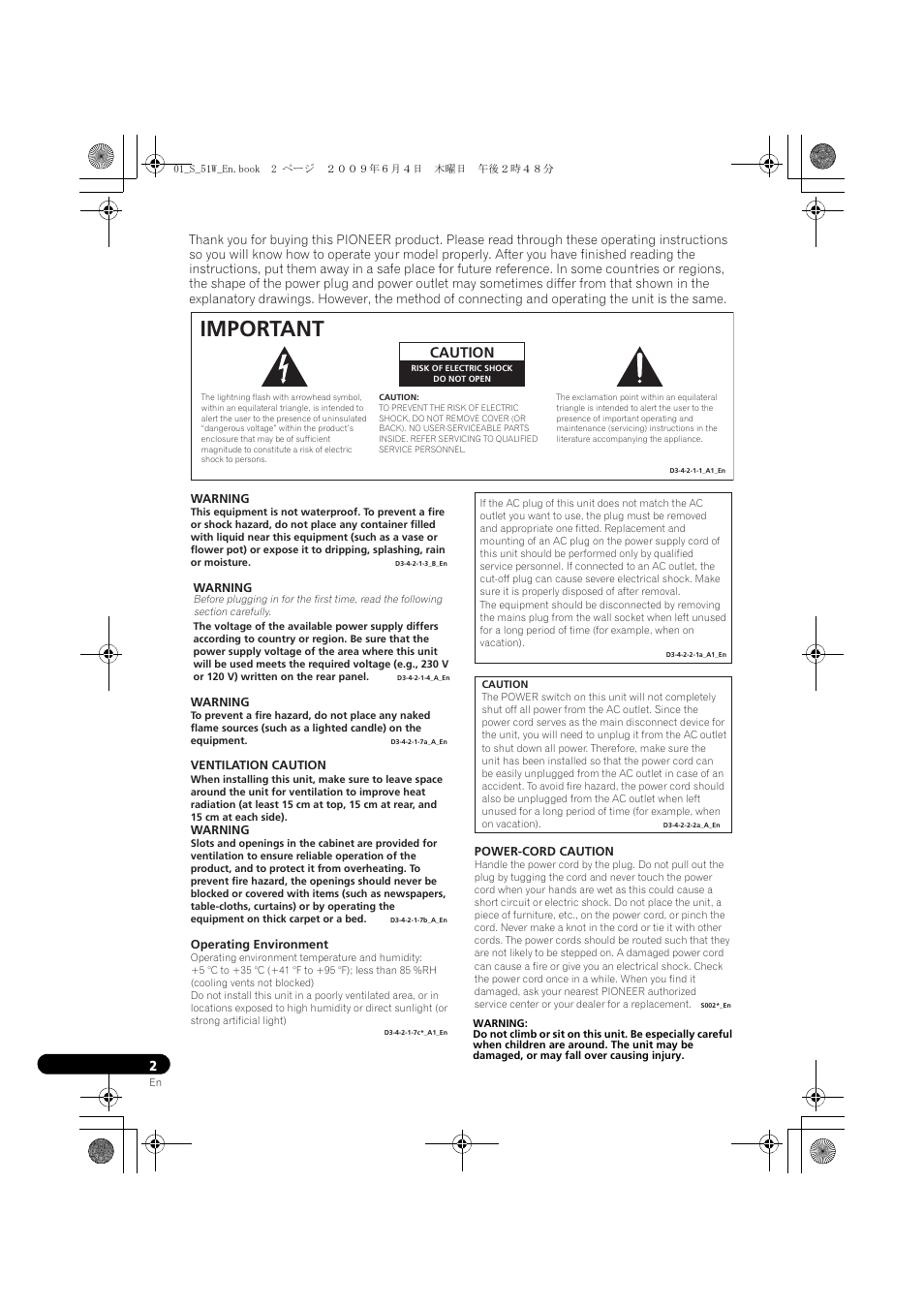 Important, Caution | Pioneer S-51W User Manual | Page 2 / 98