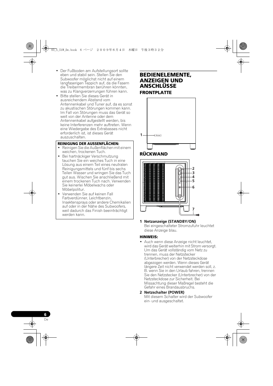 Bedienelemente, anzeigen und anschlüsse, Frontplatte rückwand | Pioneer S-51W User Manual | Page 22 / 98