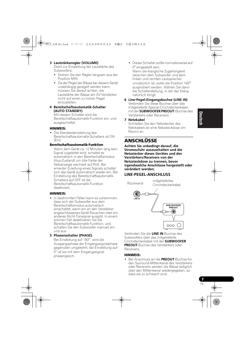 Anschlüsse, Line-pegel-anschluss | Pioneer S-51W User Manual | Page 23 / 98