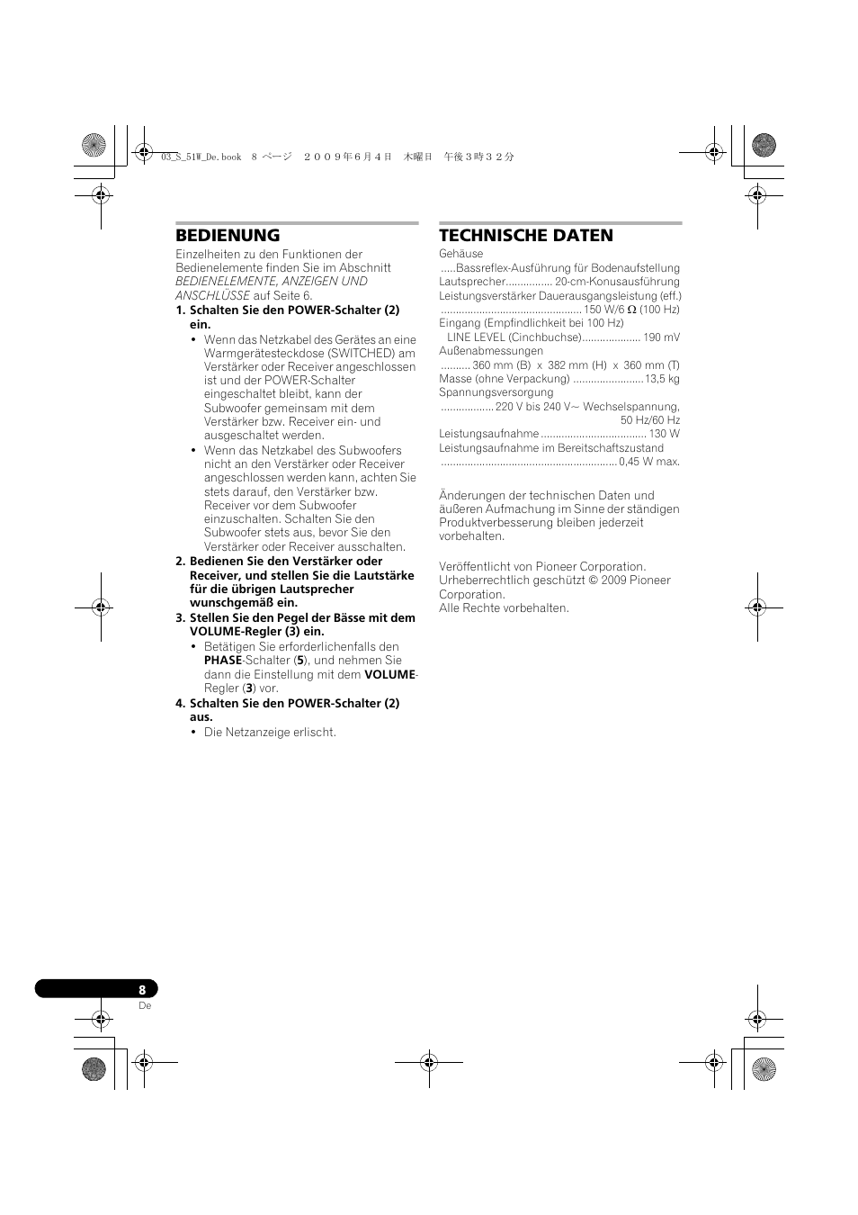 Bedienung technische daten, Bedienung, Technische daten | Pioneer S-51W User Manual | Page 24 / 98