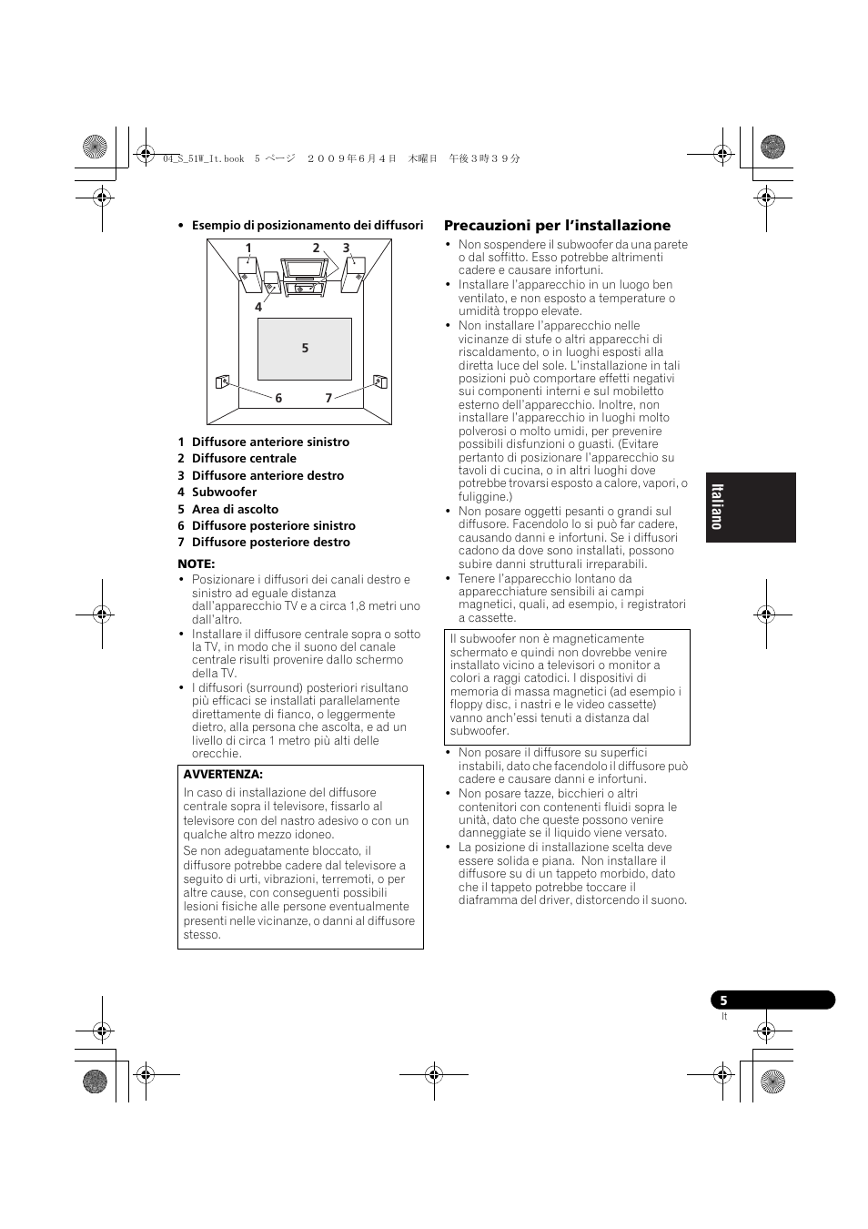 Precauzioni per l’installazione | Pioneer S-51W User Manual | Page 29 / 98