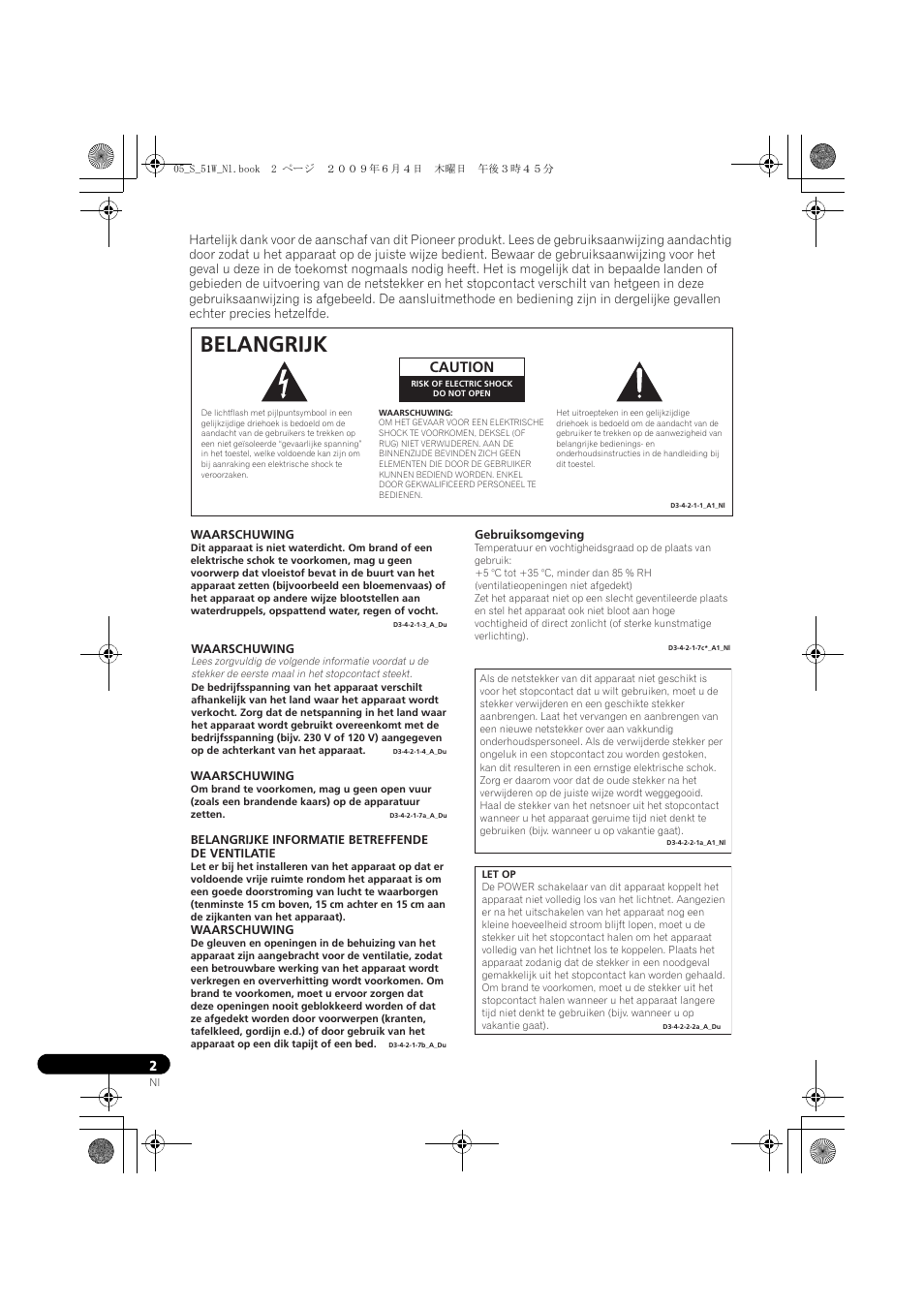 Belangrijk, Caution | Pioneer S-51W User Manual | Page 34 / 98