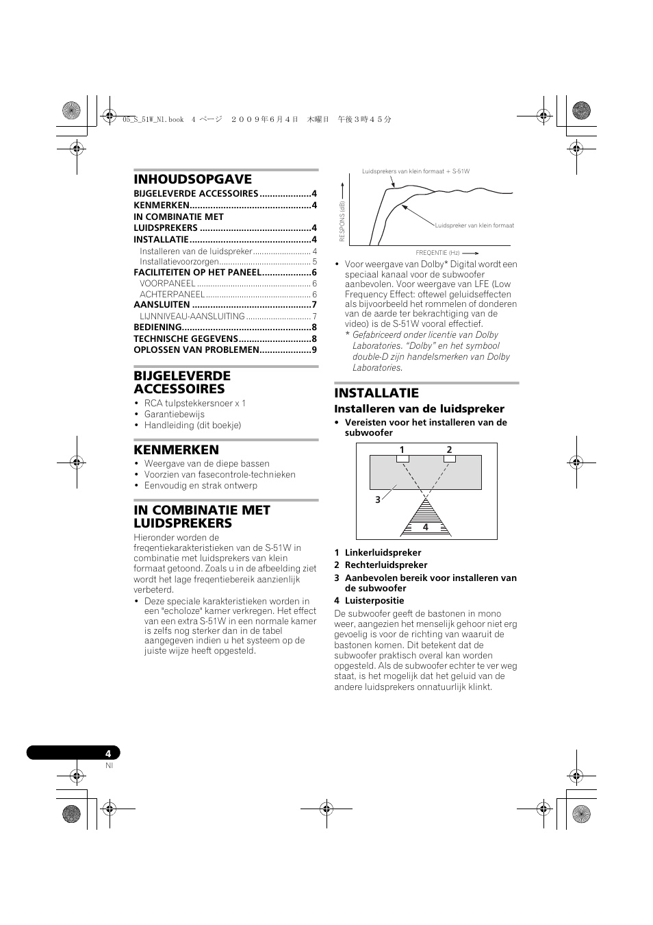 Subwoofer met spanningscircuit, Handleiding, Inhoudsopgave | Bijgeleverde accessoires, Kenmerken, Installatie | Pioneer S-51W User Manual | Page 36 / 98