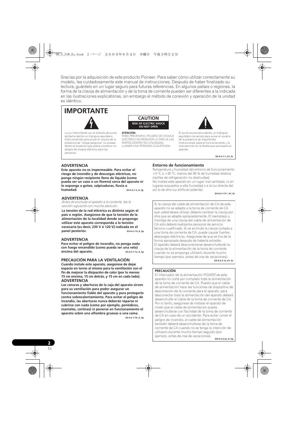 Importante, Caution | Pioneer S-51W User Manual | Page 42 / 98