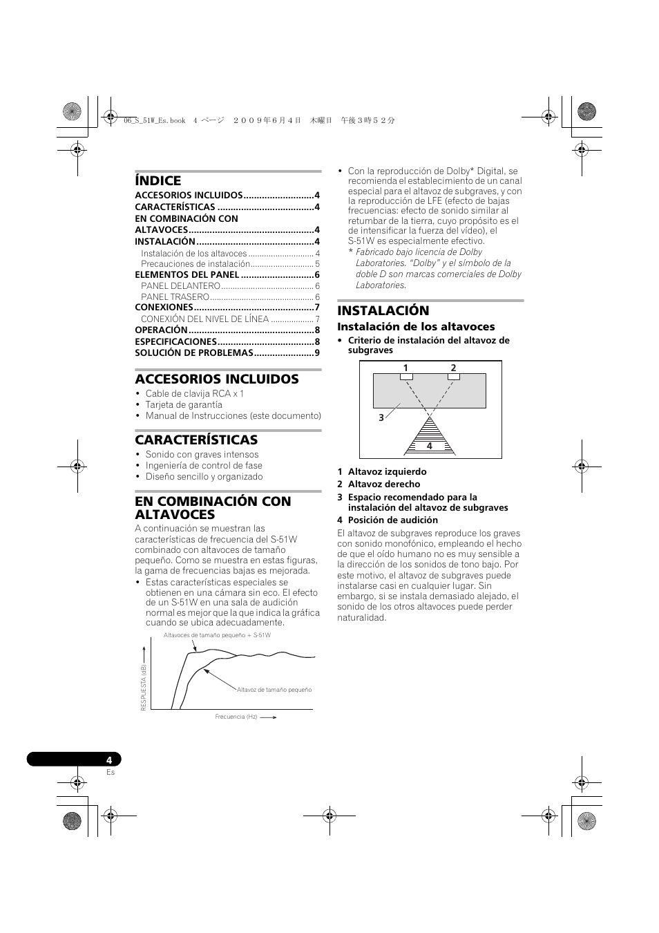 Altavoces de graves secundarios energizados, Manual de instrucciones, Índice | Accesorios incluidos, Características, En combinación con altavoces, Instalación | Pioneer S-51W User Manual | Page 44 / 98