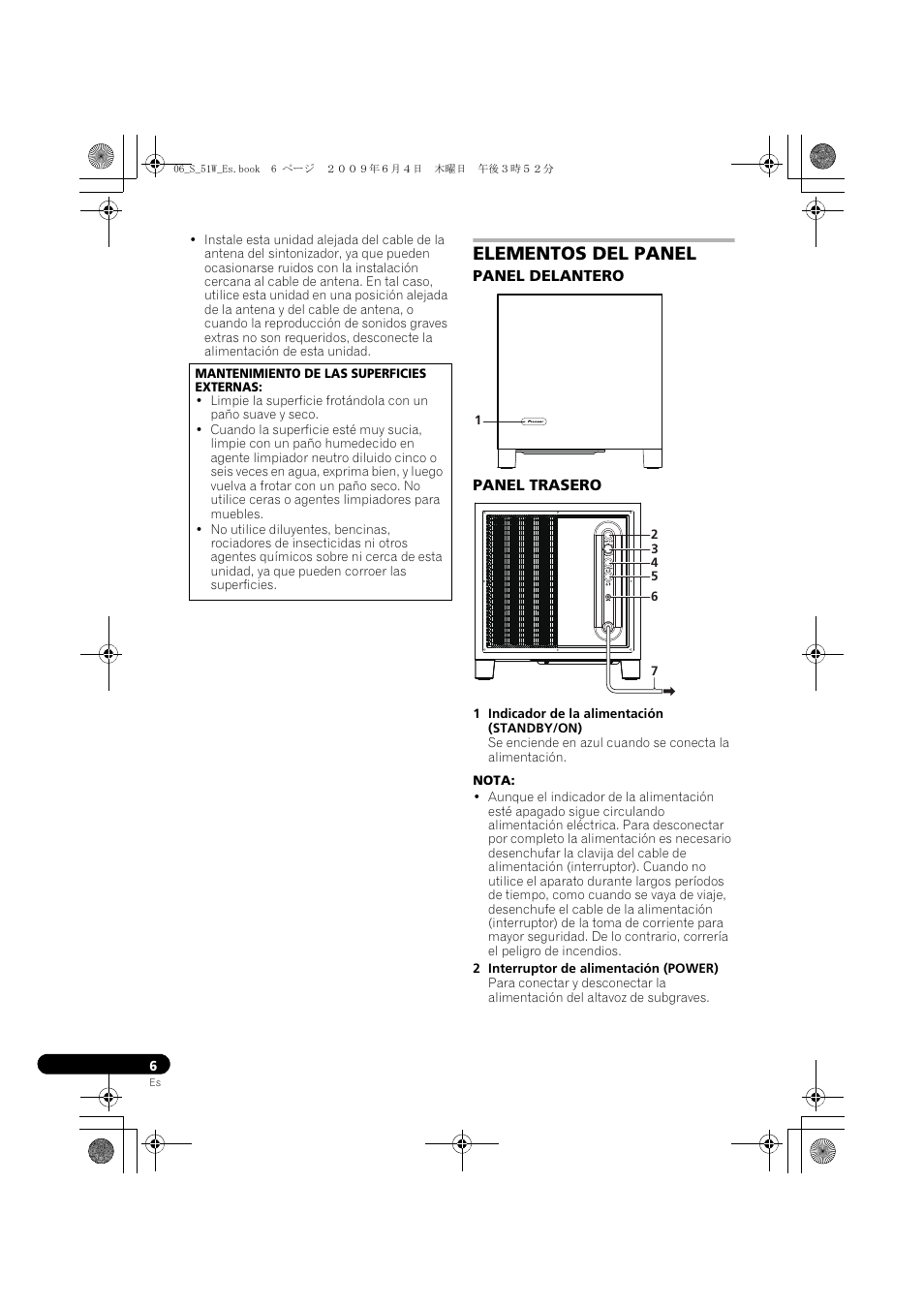 Elementos del panel, Panel delantero panel trasero | Pioneer S-51W User Manual | Page 46 / 98