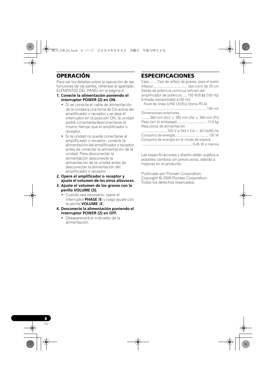 Operación especificaciones, Operación, Especificaciones | Pioneer S-51W User Manual | Page 48 / 98