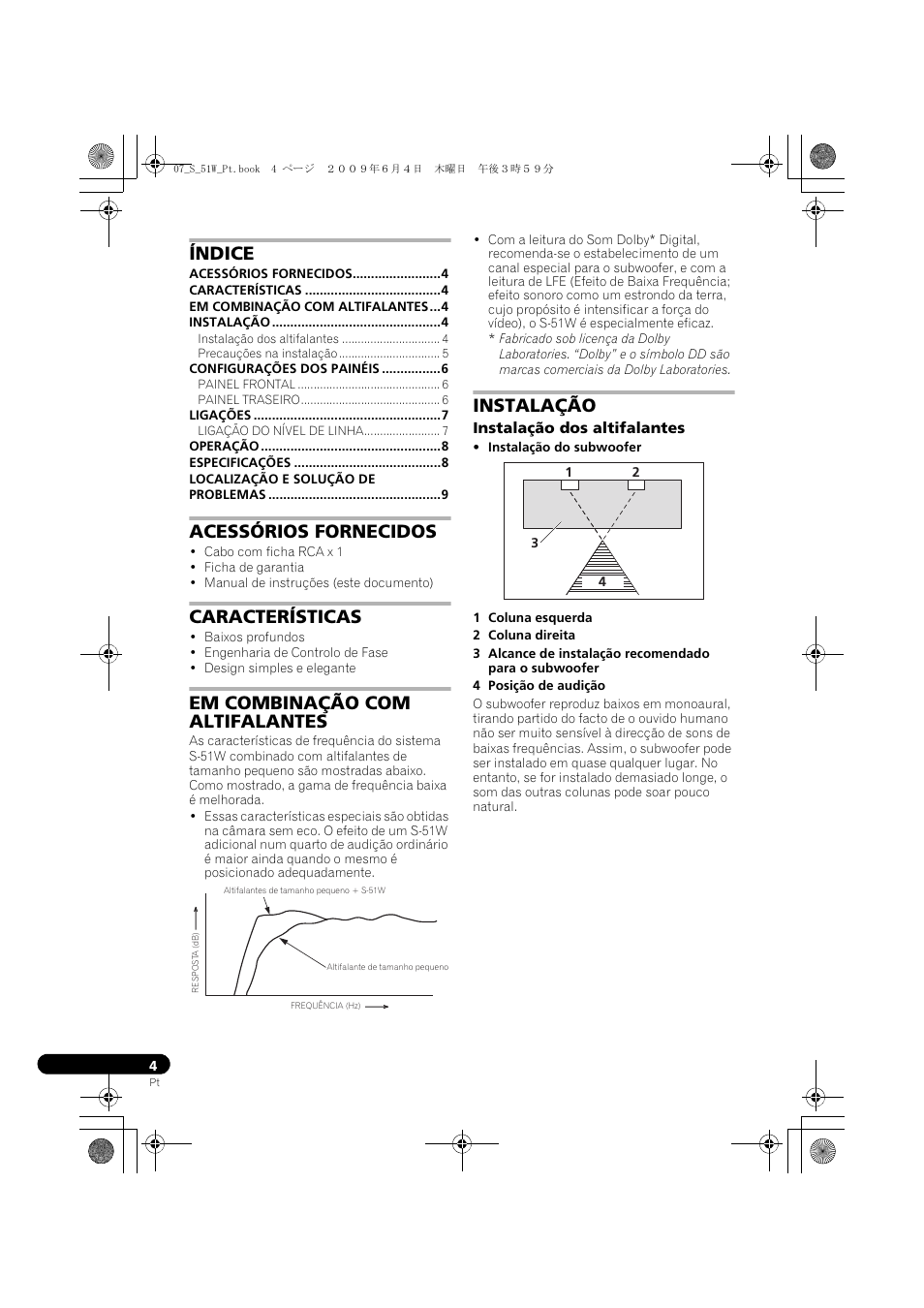 Subwoofer de potência, Manual de instruções, Índice | Acessórios fornecidos, Características, Em combinação com altifalantes, Instalação | Pioneer S-51W User Manual | Page 52 / 98