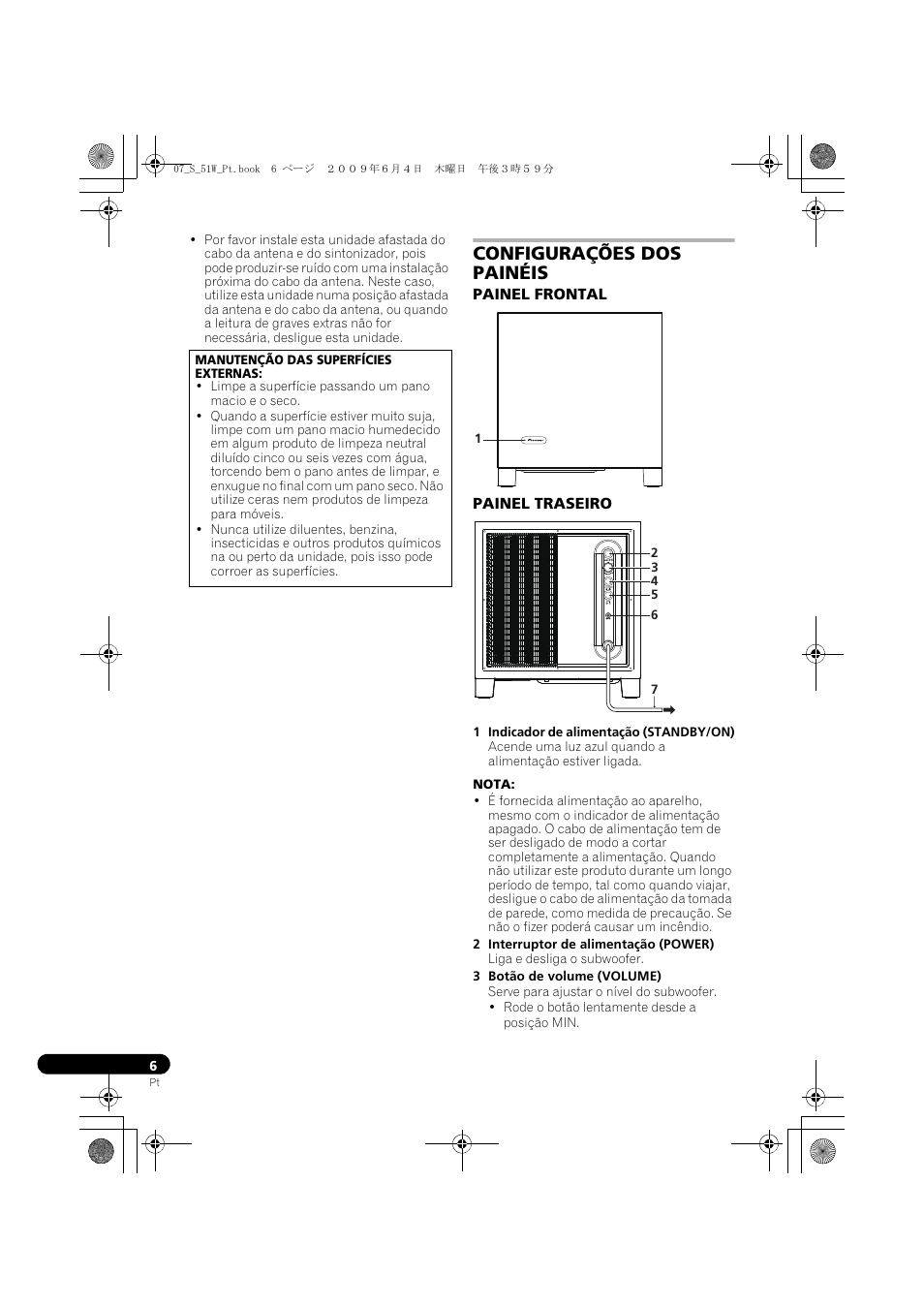 Configurações dos painéis, Painel frontal painel traseiro | Pioneer S-51W User Manual | Page 54 / 98
