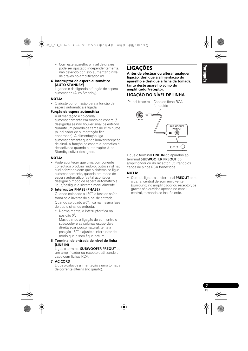 Ligações, Ligação do nível de linha | Pioneer S-51W User Manual | Page 55 / 98