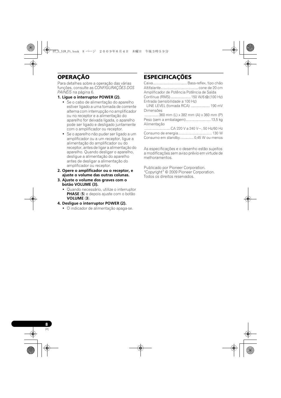 Operação especificações, Operação, Especificações | Pioneer S-51W User Manual | Page 56 / 98
