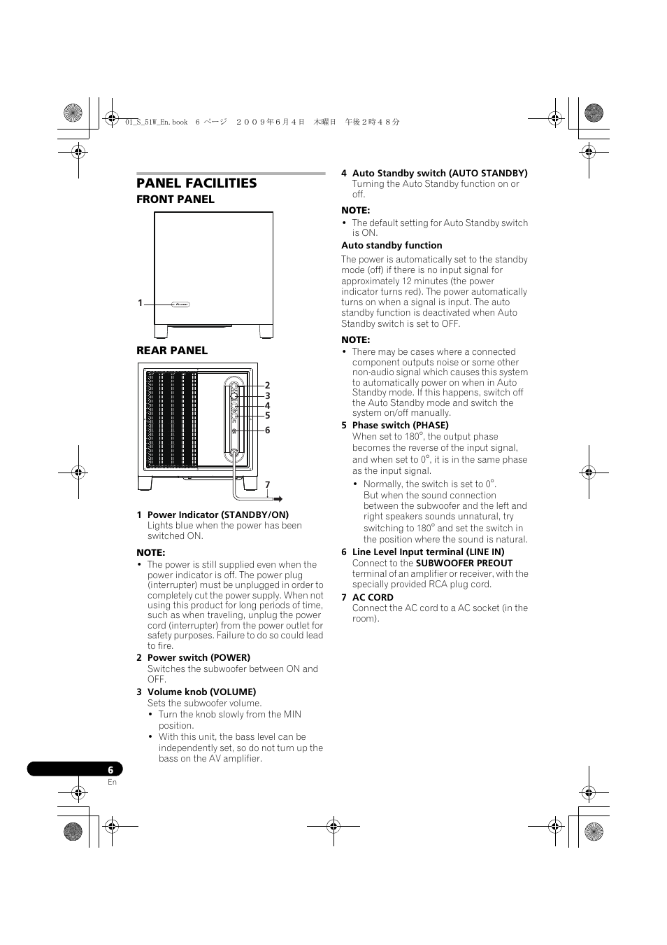 Panel facilities, Front panel, Rear panel | 1 power indicator (standby/on), Note, 2 power switch (power), 3 volume knob (volume), 4 auto standby switch (auto standby), Auto standby function, 5 phase switch (phase) | Pioneer S-51W User Manual | Page 6 / 98
