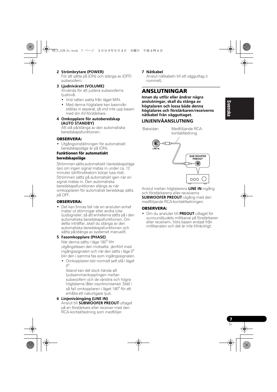 Anslutningar, Linjenivåanslutning | Pioneer S-51W User Manual | Page 63 / 98