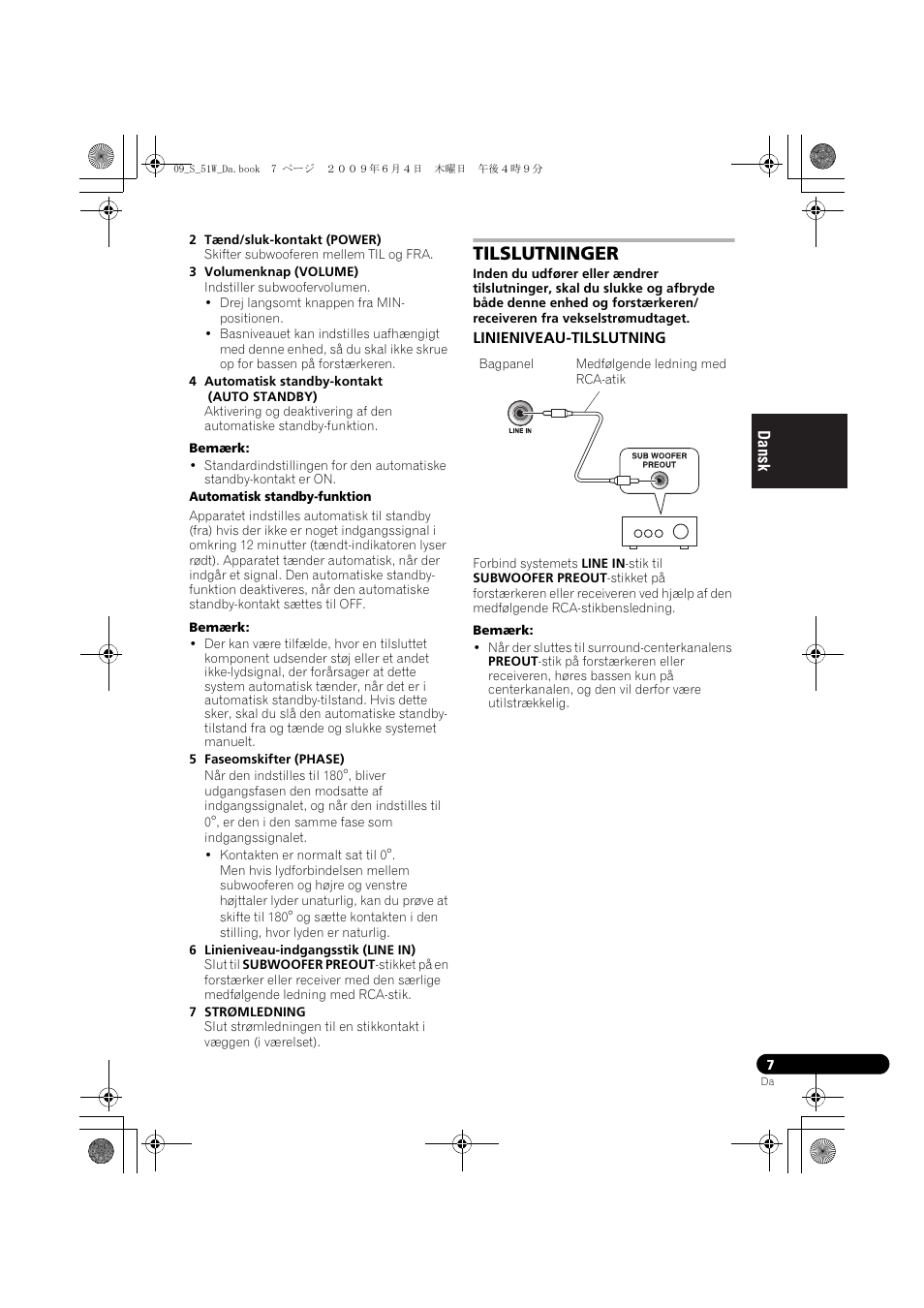 Tilslutninger, Linieniveau-tilslutning | Pioneer S-51W User Manual | Page 71 / 98