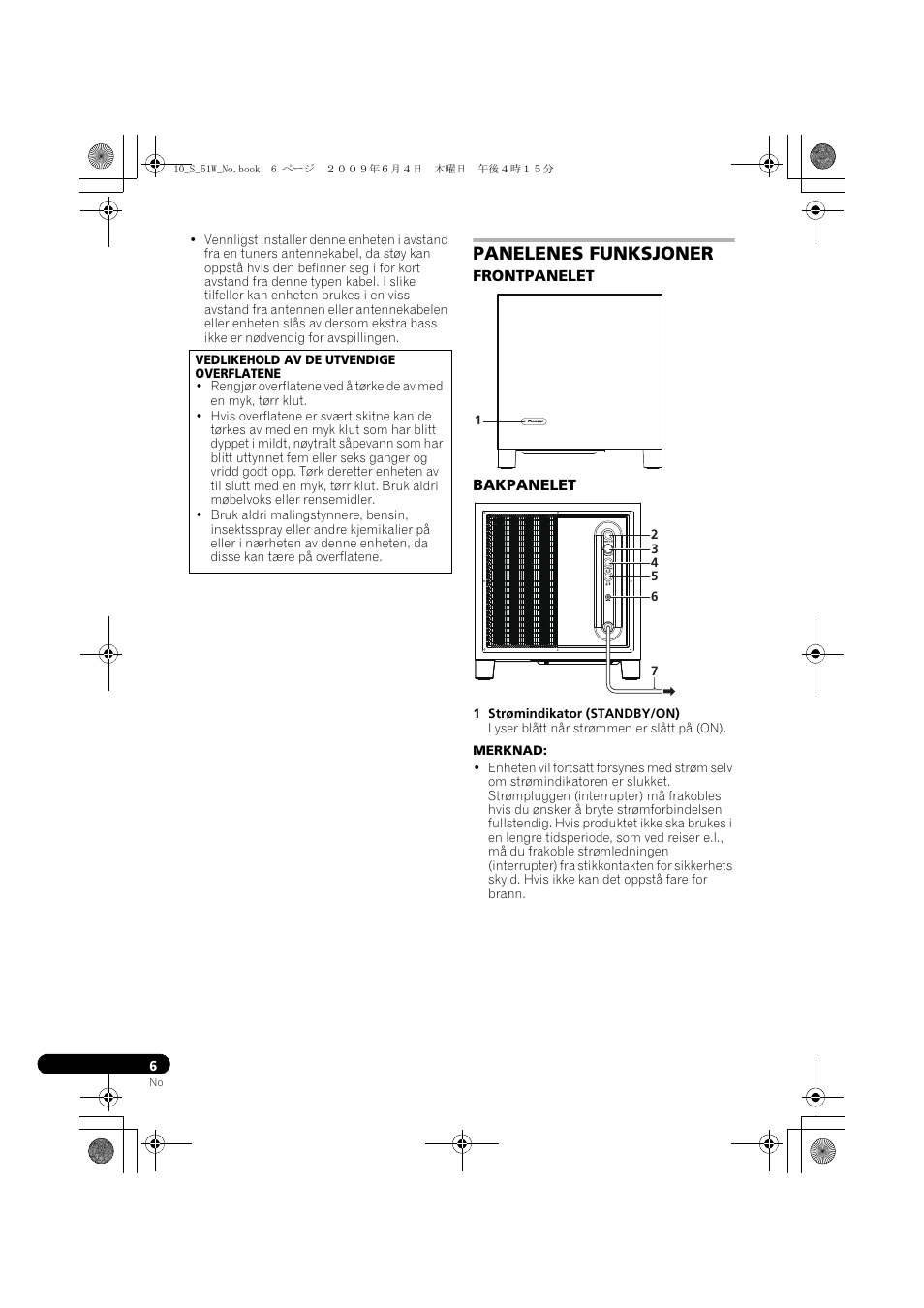 Panelenes funksjoner, Frontpanelet bakpanelet | Pioneer S-51W User Manual | Page 78 / 98