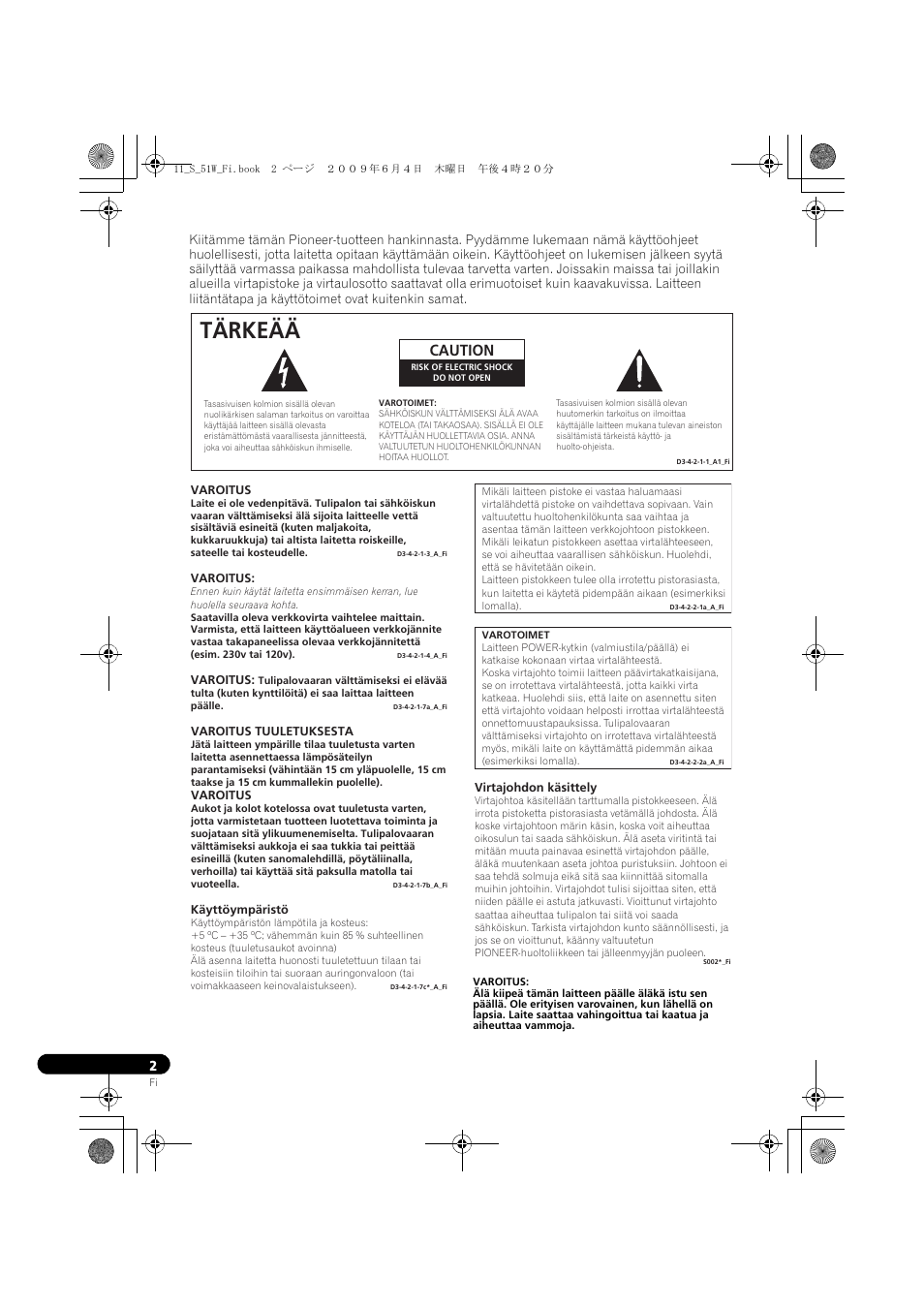 Tärkeää, Caution | Pioneer S-51W User Manual | Page 82 / 98