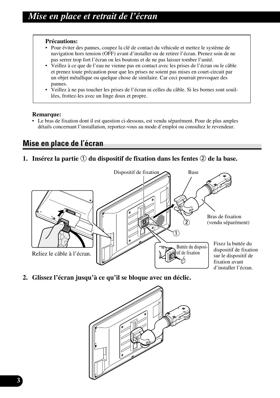 Mise en place et retrait de l’écran, Mise en place de l’écran | Pioneer AVD-W1100V User Manual | Page 100 / 226