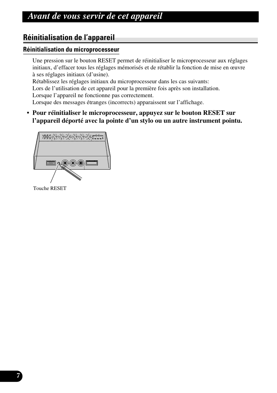 Réinitialisation de l’appareil, Réinitialisation du microprocesseur, Avant de vous servir de cet appareil | Pioneer AVD-W1100V User Manual | Page 104 / 226