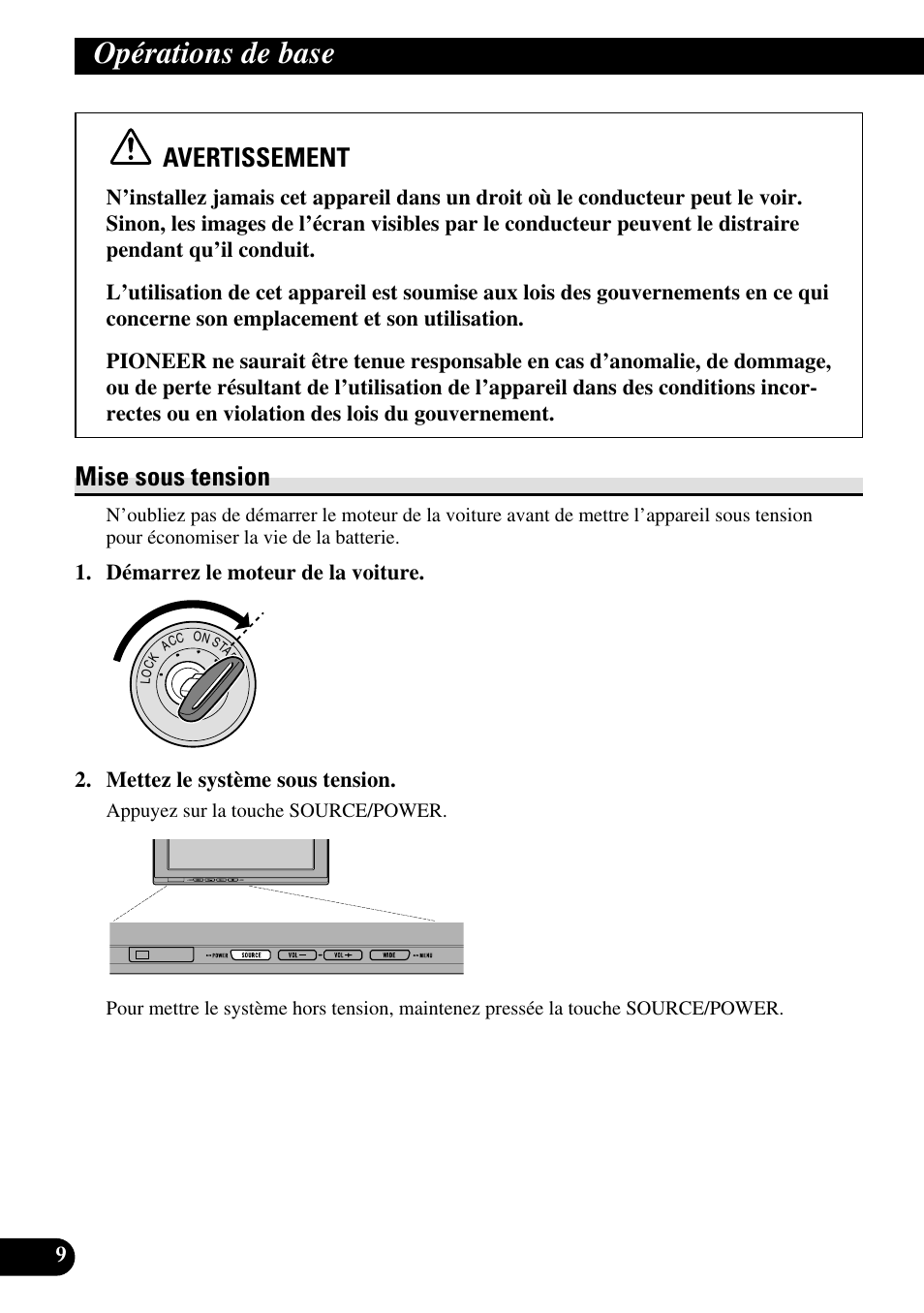 Opérations de base, Mise sous tension, Avertissement | Pioneer AVD-W1100V User Manual | Page 106 / 226