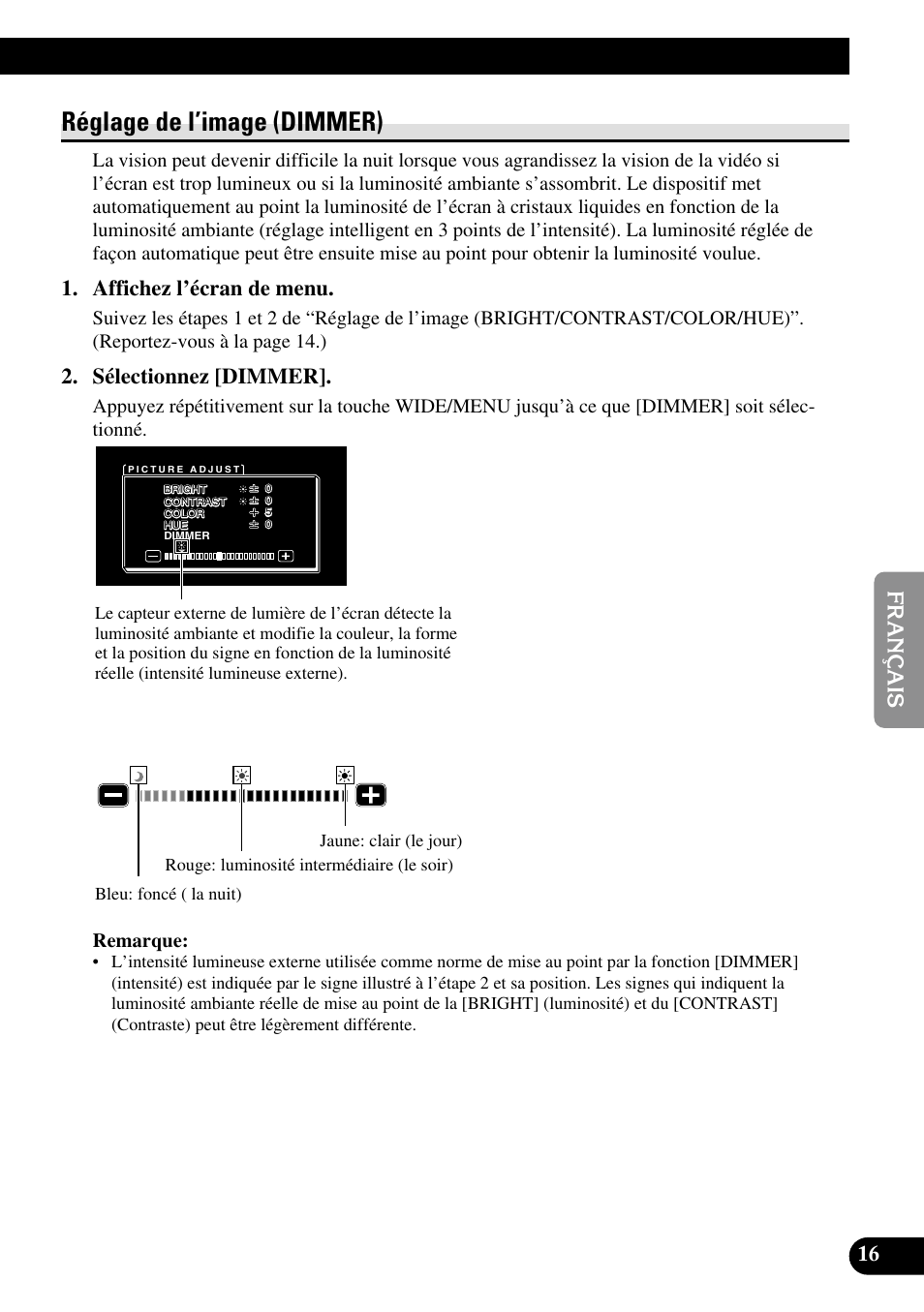 Réglage de l’image (dimmer), Affichez l’écran de menu, Sélectionnez [dimmer | Pioneer AVD-W1100V User Manual | Page 113 / 226