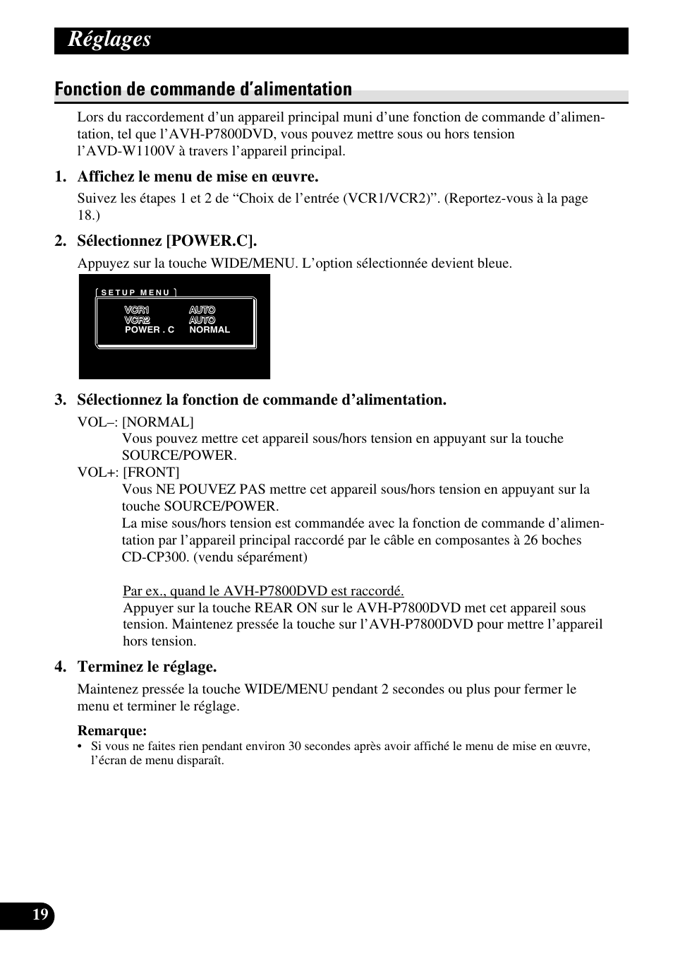 Fonction de commande d’alimentation, Réglages, Affichez le menu de mise en œuvre | Sélectionnez [power.c, Terminez le réglage | Pioneer AVD-W1100V User Manual | Page 116 / 226
