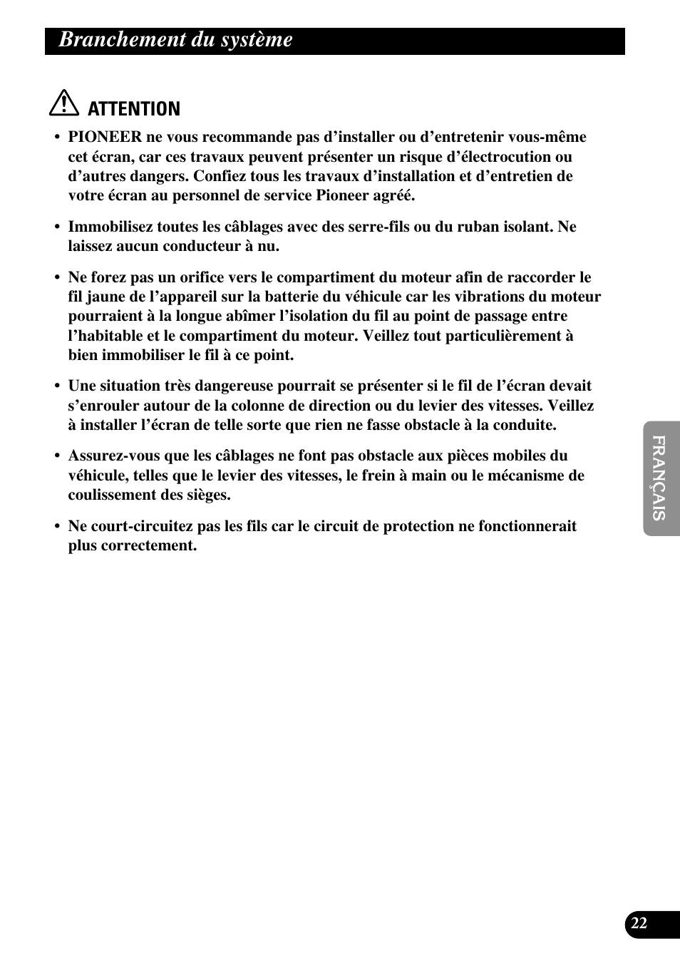 Branchement du système, Attention | Pioneer AVD-W1100V User Manual | Page 119 / 226