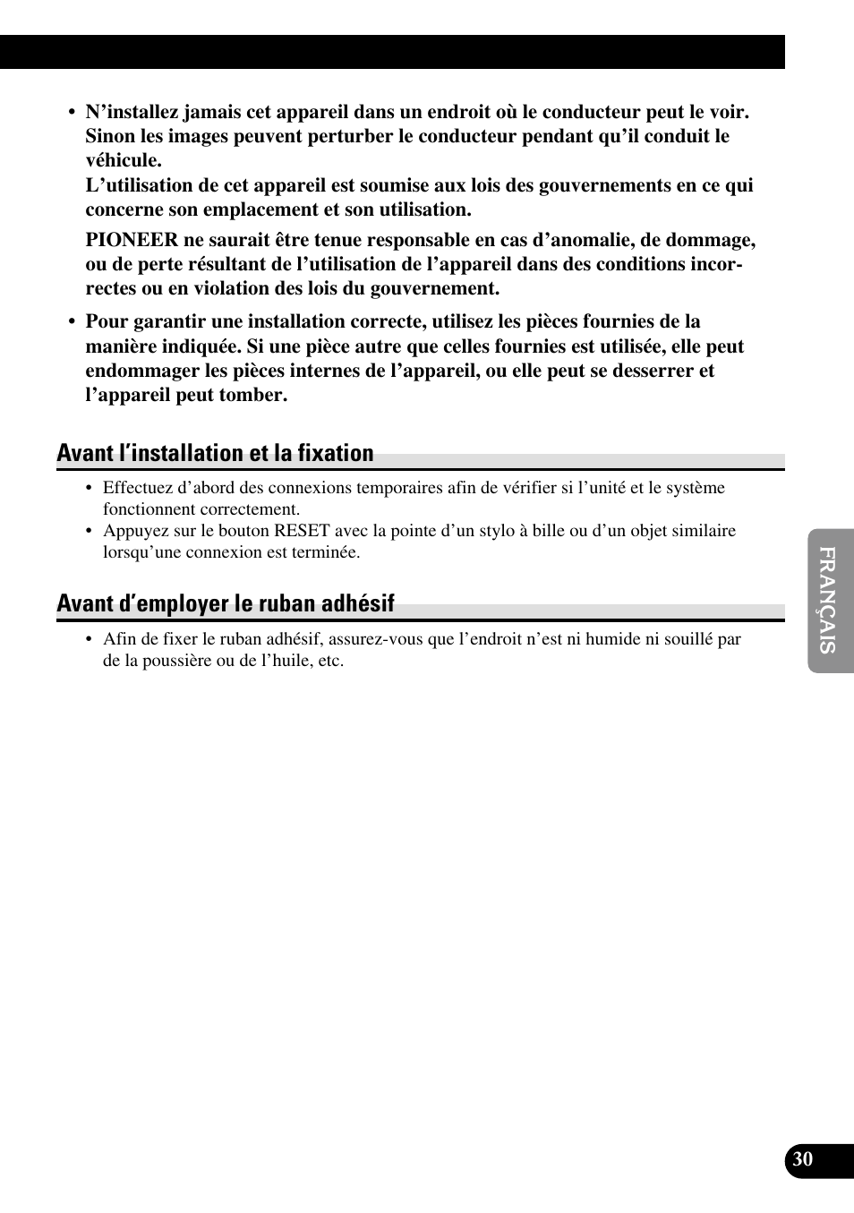 Avant l’installation et la fixation, Avant d’employer le ruban adhésif | Pioneer AVD-W1100V User Manual | Page 127 / 226