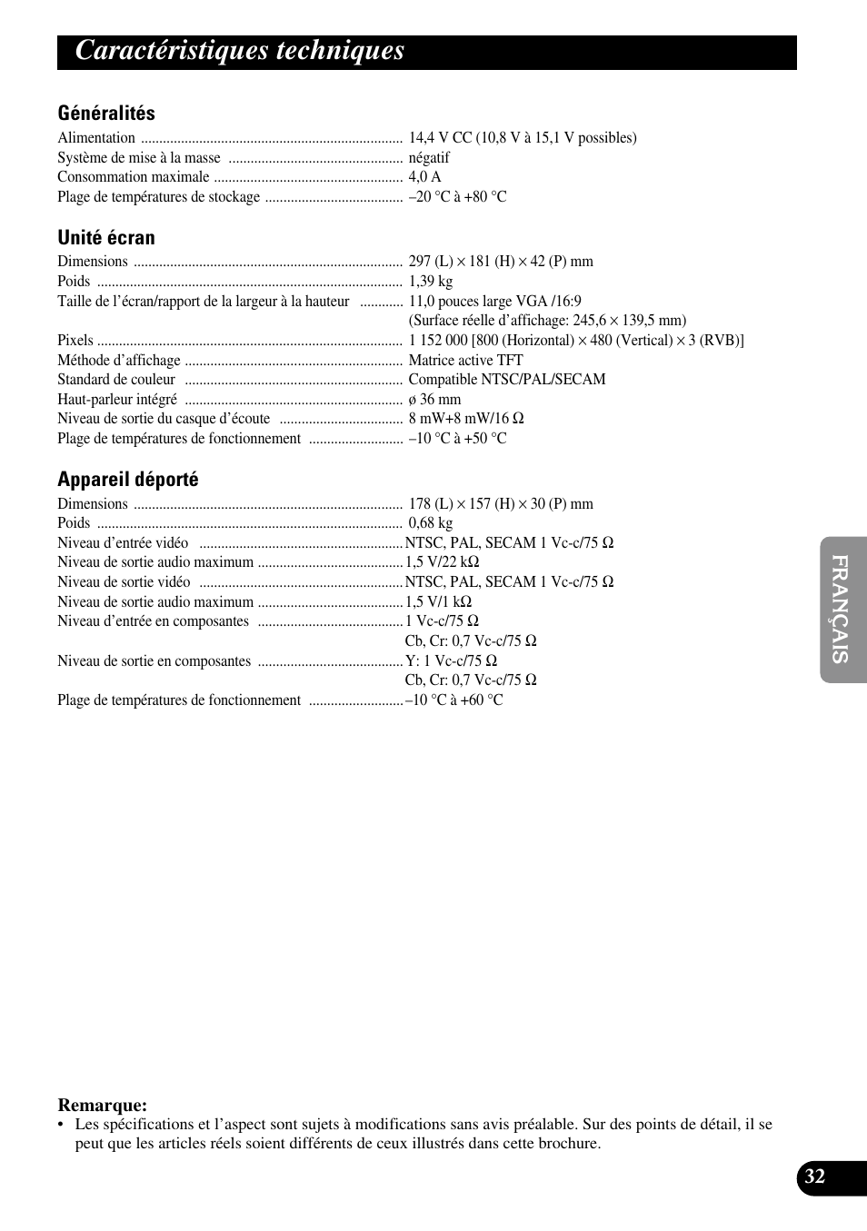 Caractéristiques techniques | Pioneer AVD-W1100V User Manual | Page 129 / 226