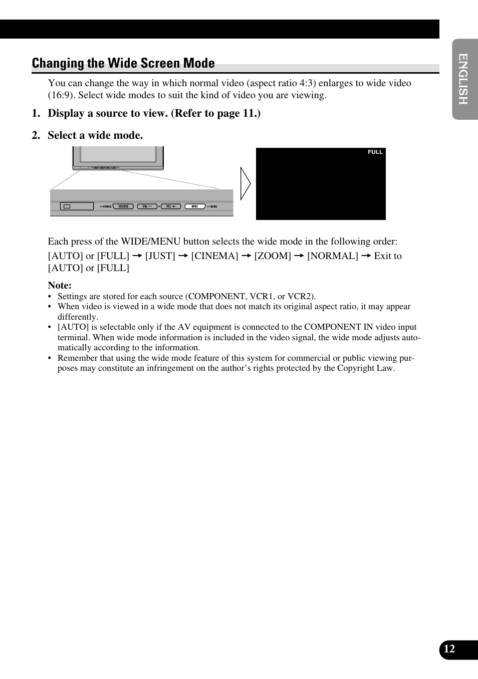 Changing the wide screen mode | Pioneer AVD-W1100V User Manual | Page 13 / 226
