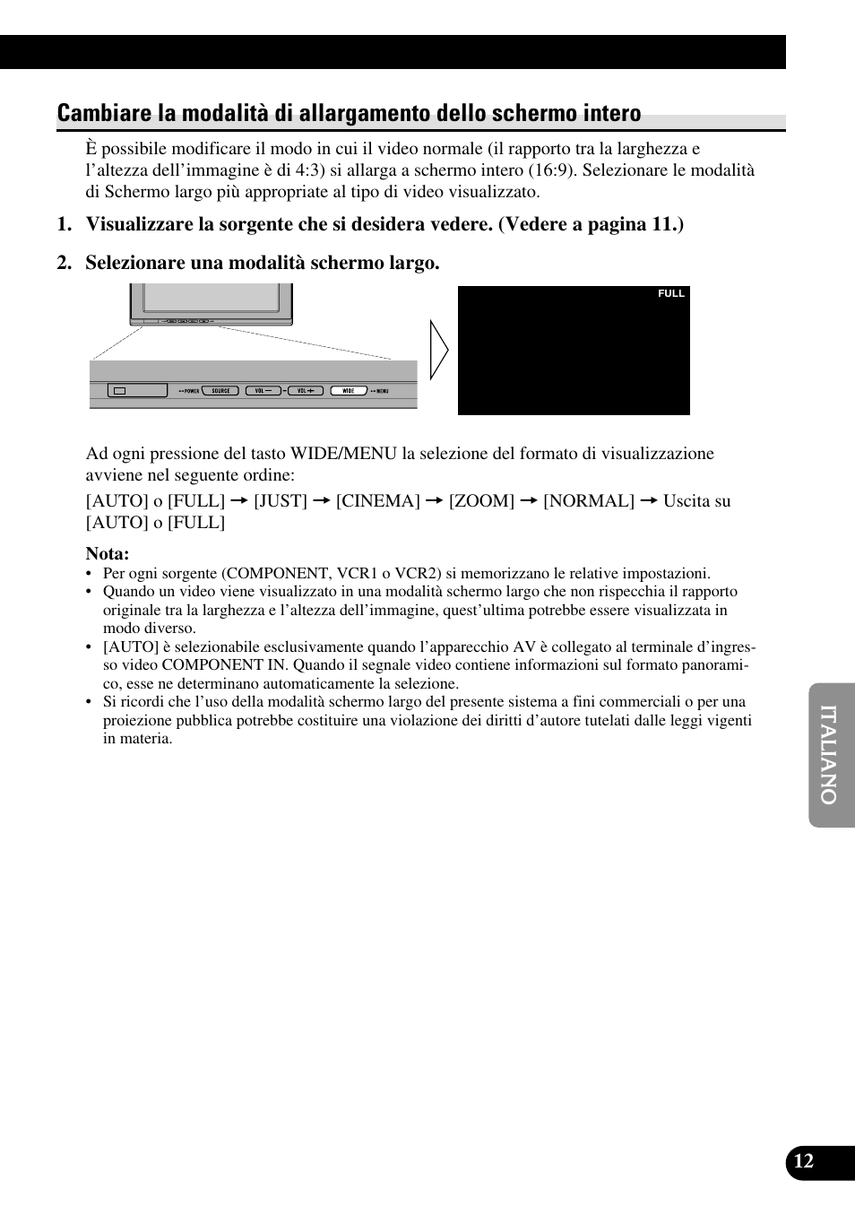 Cambiare la modalità di allargamento, Dello schermo intero | Pioneer AVD-W1100V User Manual | Page 141 / 226