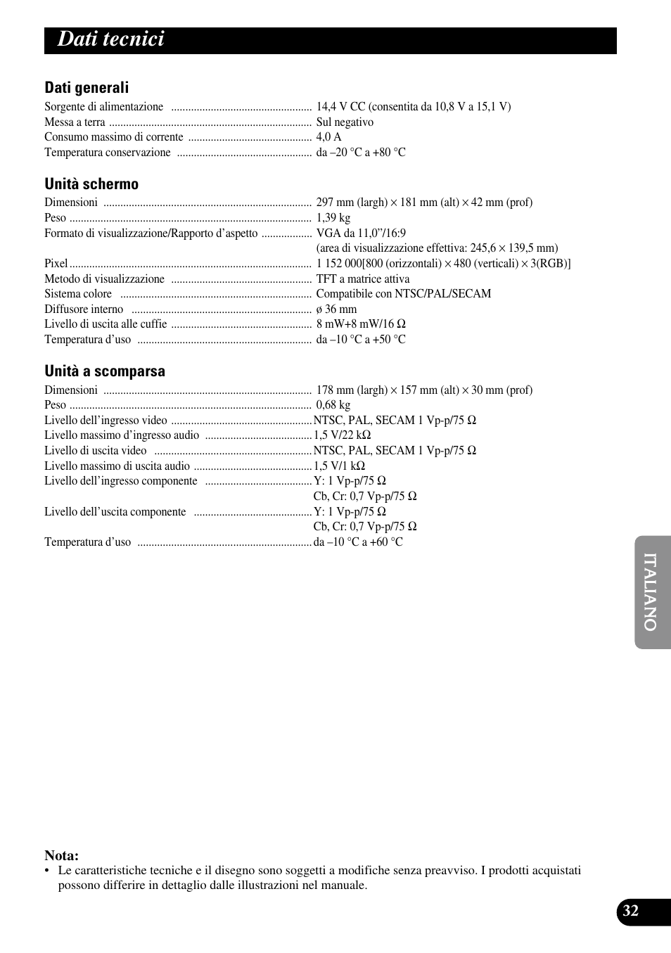 Dati tecnici | Pioneer AVD-W1100V User Manual | Page 161 / 226